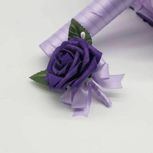 Purple Bridal Bouquet | Real Touch Roses with Rhinestones | Lavender Handle
