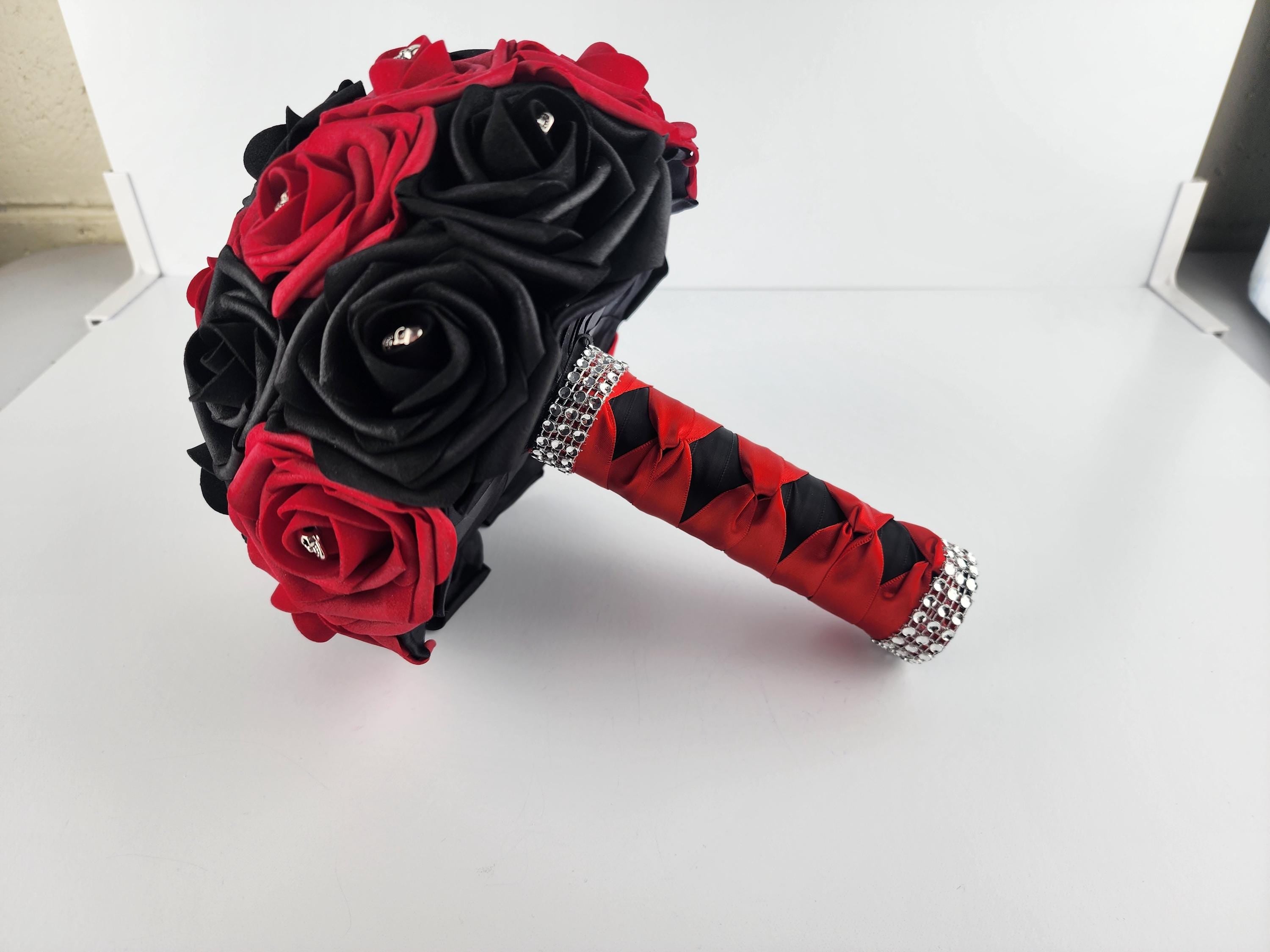 Gothic Skull Red and Black Weddng Bouquet, Bridal Bouquet, Bridesmaid Bouquet, Matching Corsages and Boutonnieres, Halloween Wedding