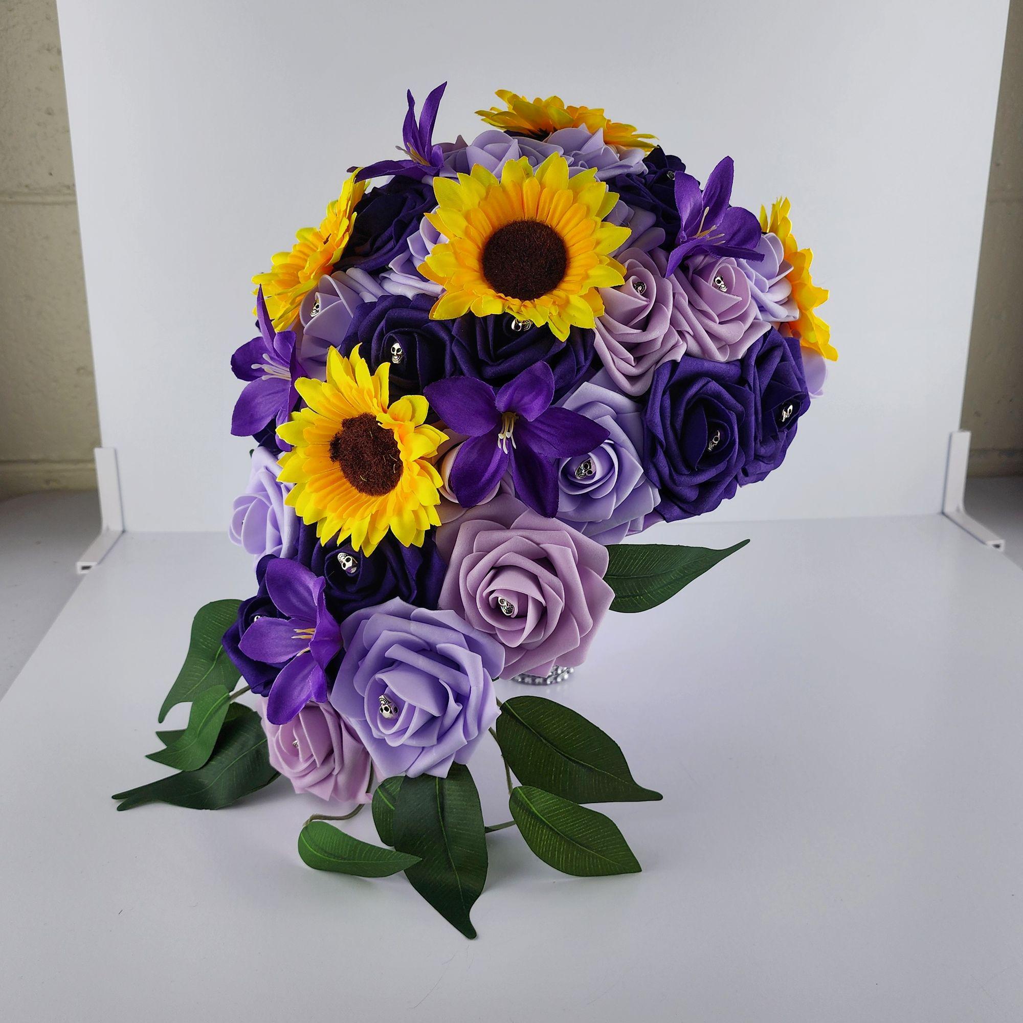Gothic Skull Cascading Wedding Bouquet With Lilac, Lavender, and Dark Purple Roses, Lilies and Sunflowers.