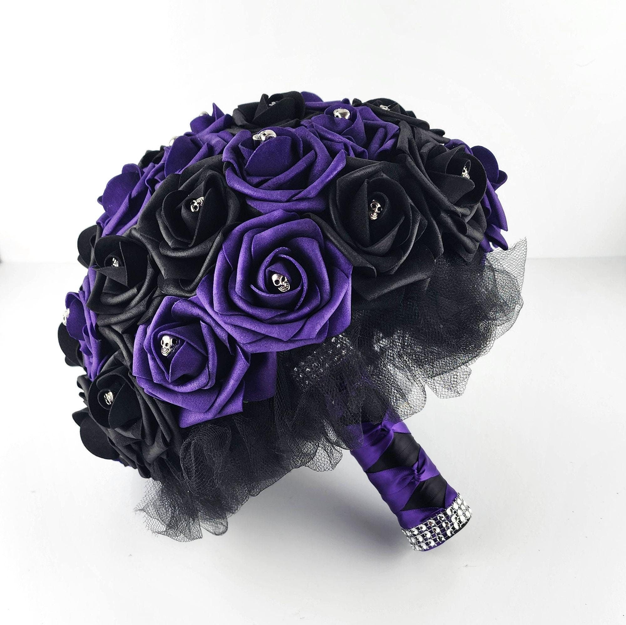 Gothic Skull Dark Purple and Black Wedding Bouquet, Bridal Bouquet, Bridesmaid Bouquet,Matching Corsages and Boutonnieres,Halloween Wedding