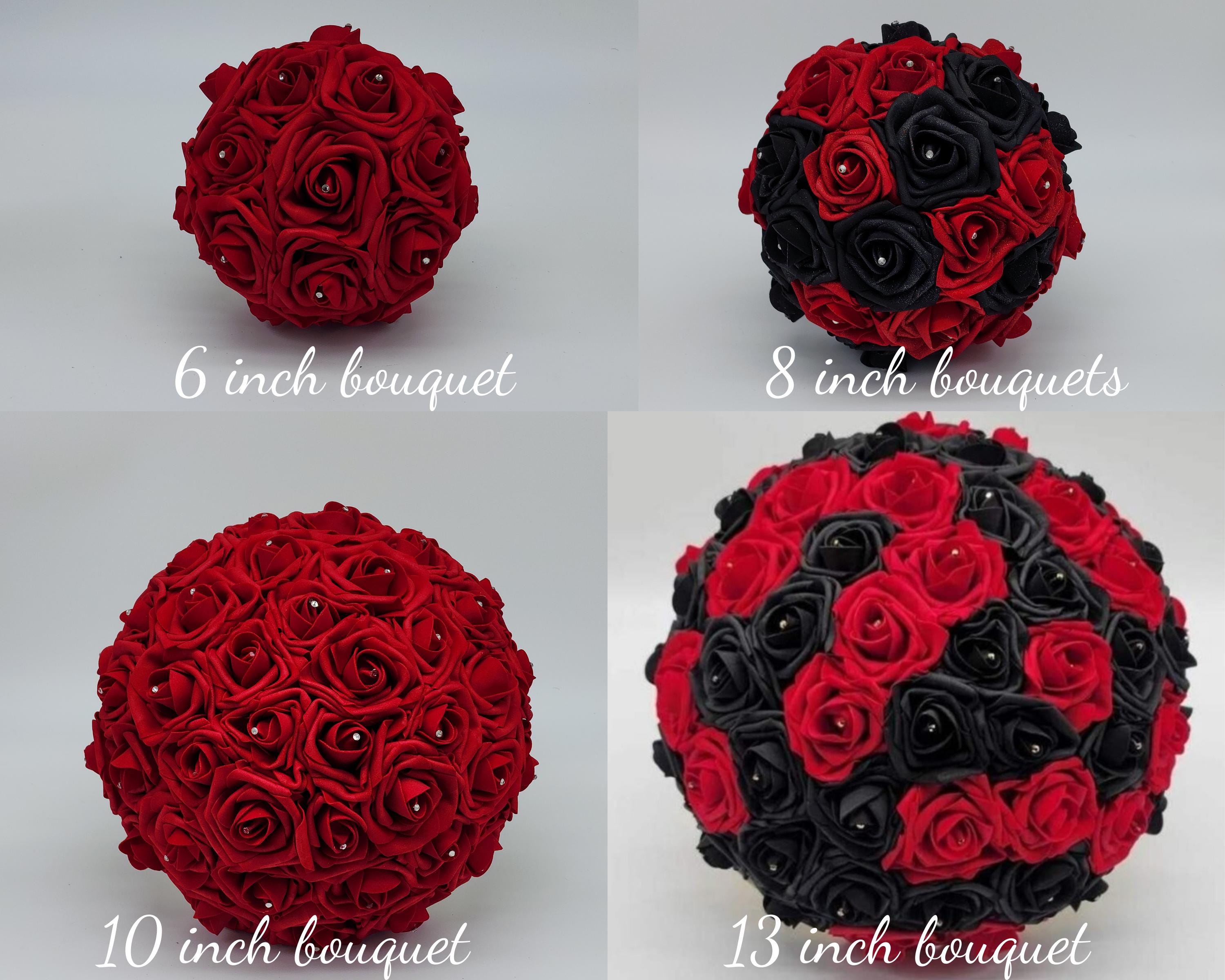 Four artificial flower bouquets in different sizes. The bouquets are made of red and black roses. The bouquets are 6 inches, 8 inches, 10 inches, and 13 inches in diameter.