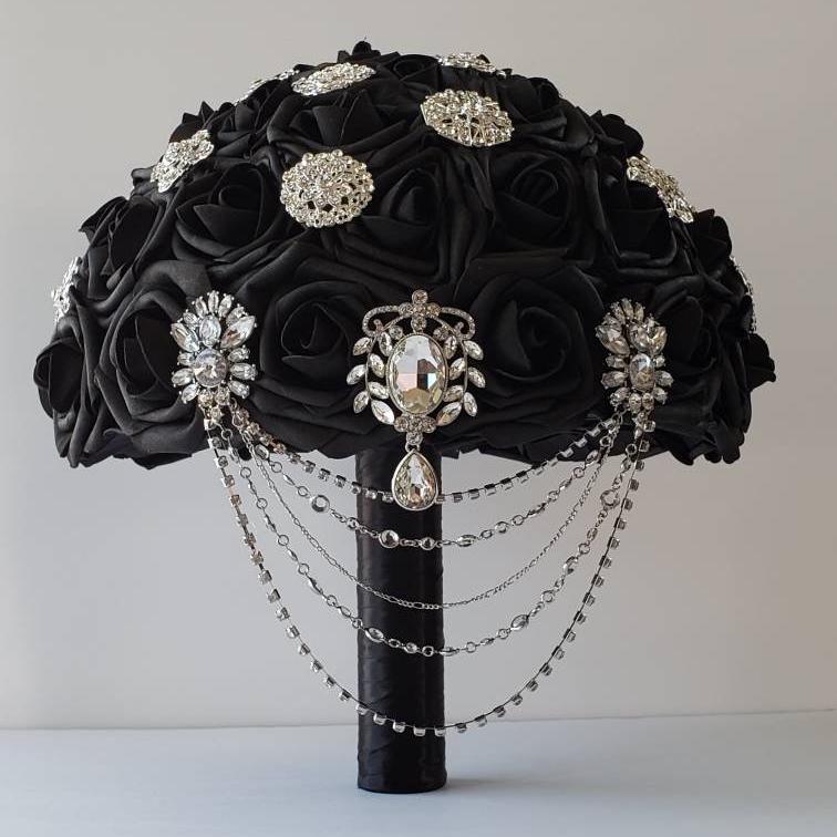 Cascading Black Brooch Bridal Bouquet With Chain, Available Matching Boutonnieres and Corsages, Available In 27 Colors, Gothic Bouquet