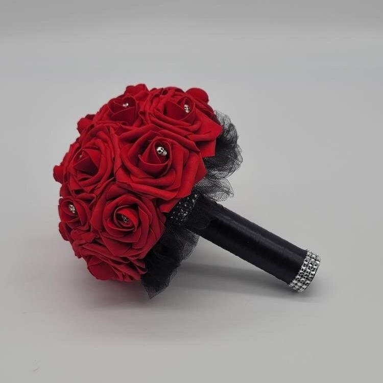Gothic Skull Red And Black Wedding Bouquet, Bridal Bouquet, Bridesmaid Bouquet, Matching Corsages and Boutonnieres, Halloween Bouquet