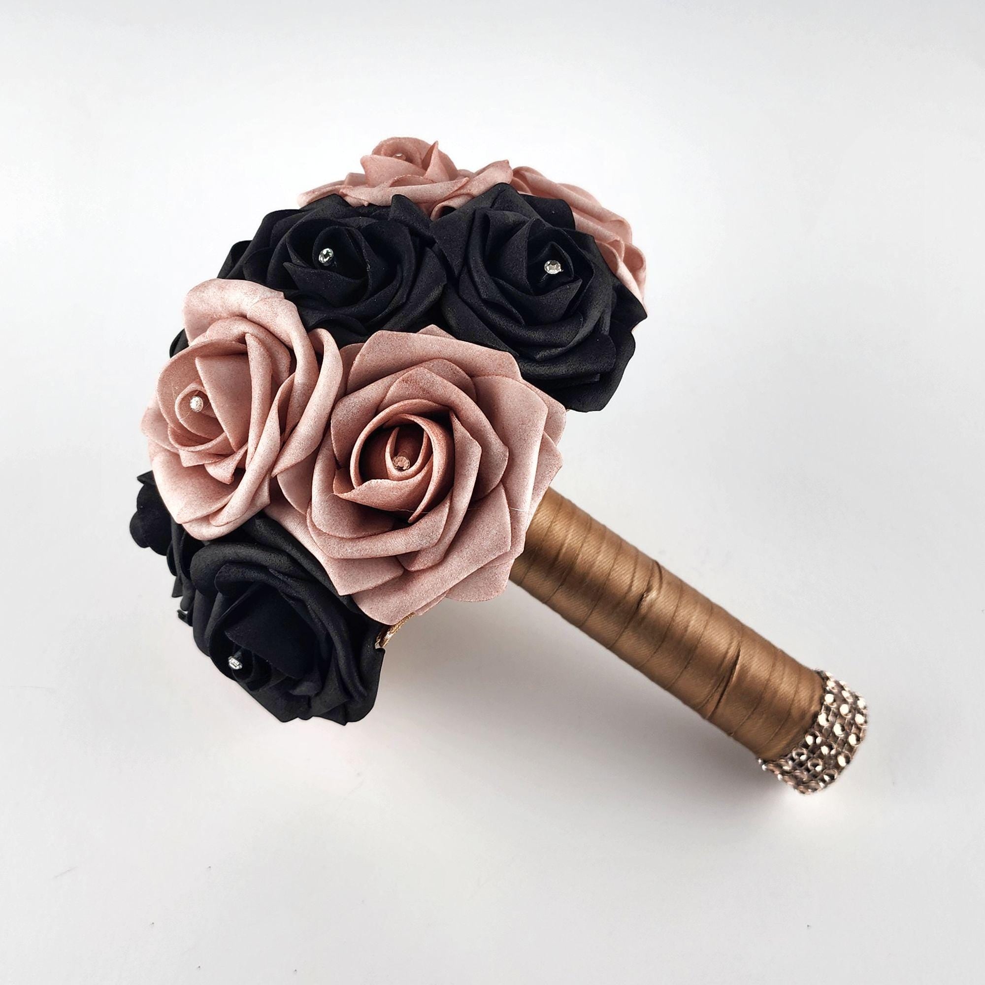 Romantic Dusty Rose and Black Wedding Bouquet with Champagne Ribbon-Custom Colors Available-Matching Boutonnieres & Corsages