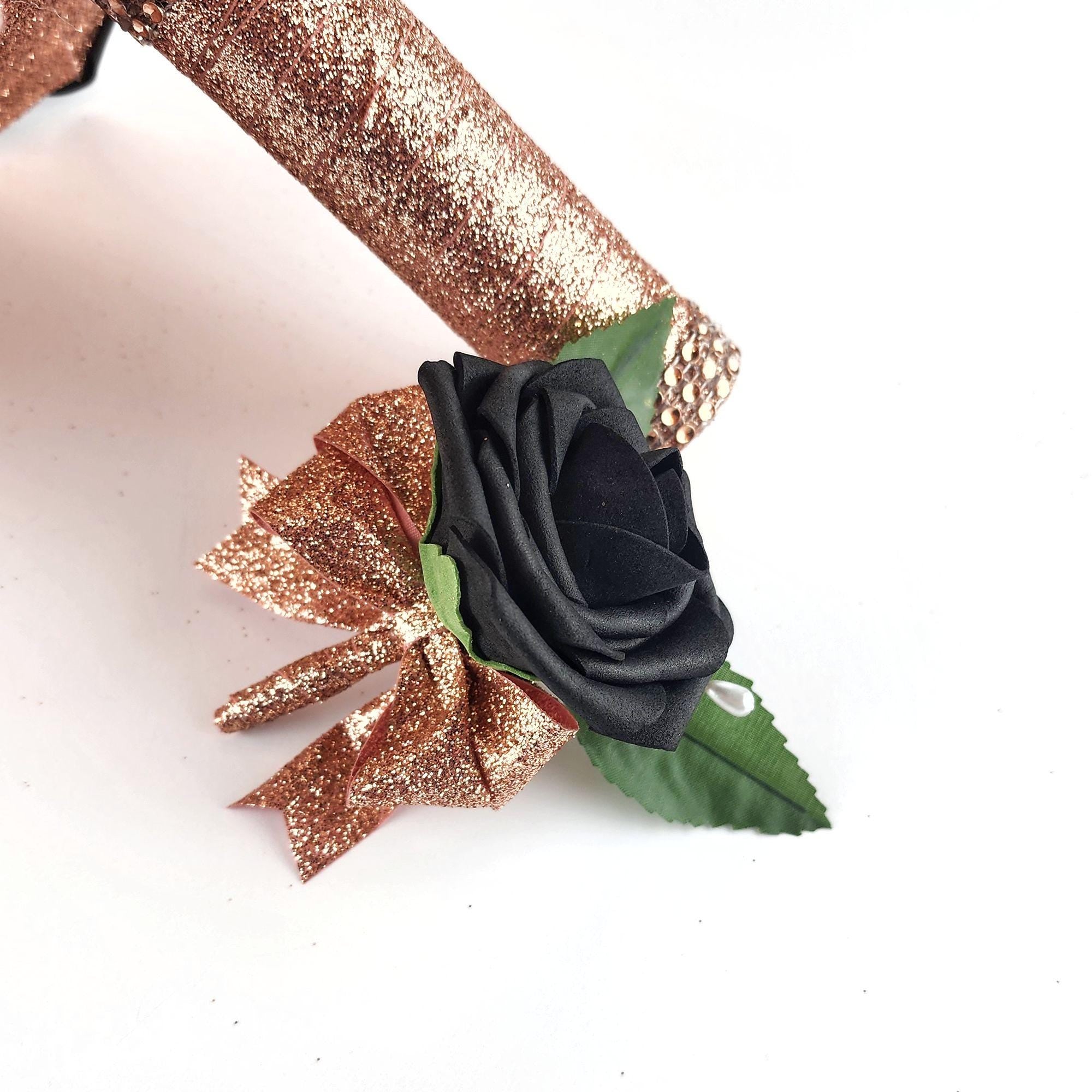 Dusty Rose and Black Wedding Bouquet-Modern Romantic Bridal- Rose Gold Ribbon-Custom Colors-Matching Boutonnieres & Corsages