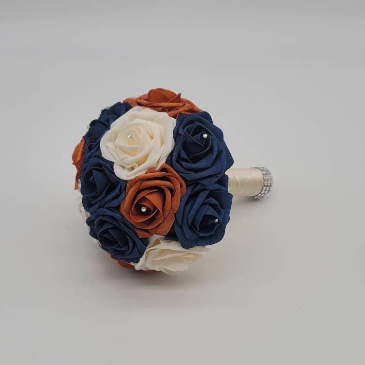 Burnt Orange, Navy, & Cream Wedding Bouquet Made w/ Real Touch Roses, Bridal Bouquet, Bridesmaid Bouquet/ Matching Boutonniere and Corsages