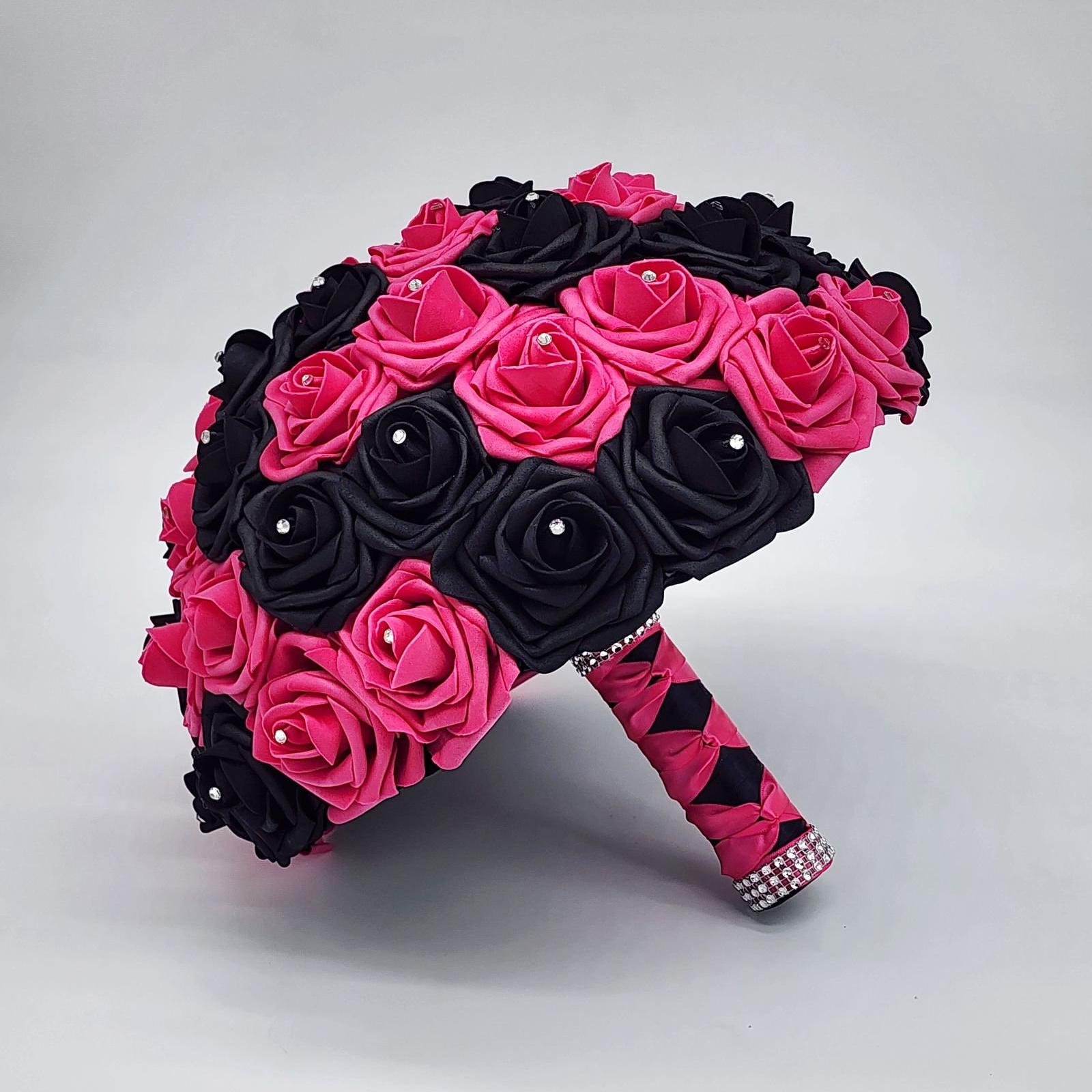 Hot Pink and Black Wedding Bouquet – Real Touch Roses, Modern Glam Bridal, Quinceañera & Prom-Custom Colors-Matching Boutonniere and Corsage