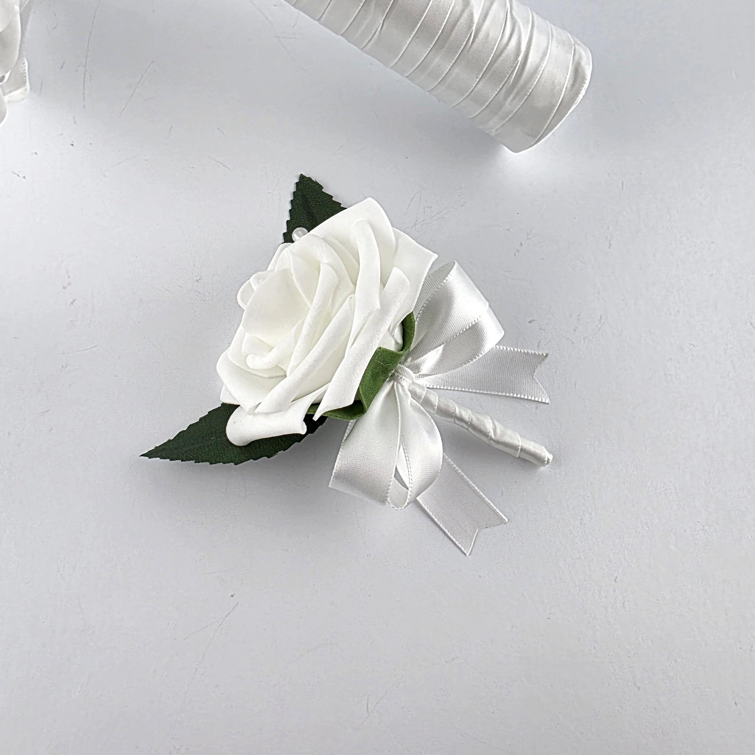 White Wedding Bouquet Made With Real Touch Roses, Bridal Bouquet, Bridesmaid Bouquet and Matching Boutonnieres and Corsages Available
