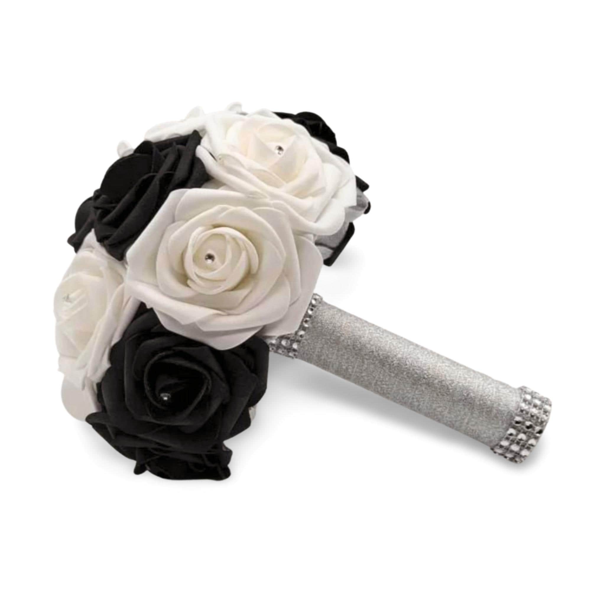 black and white bouquet with silver ribbon