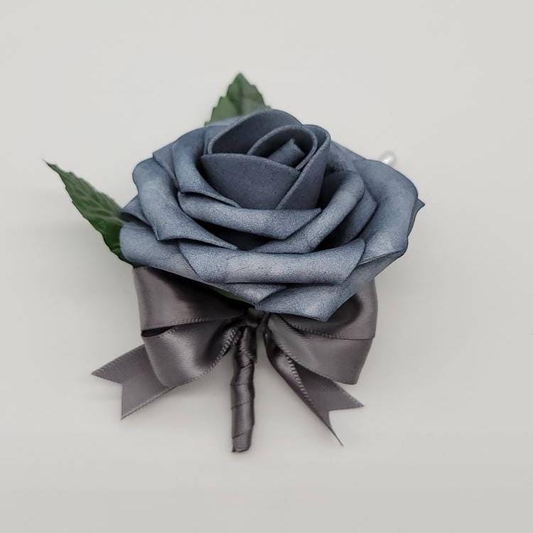 Dusty blue and gray ribbon boutonniere