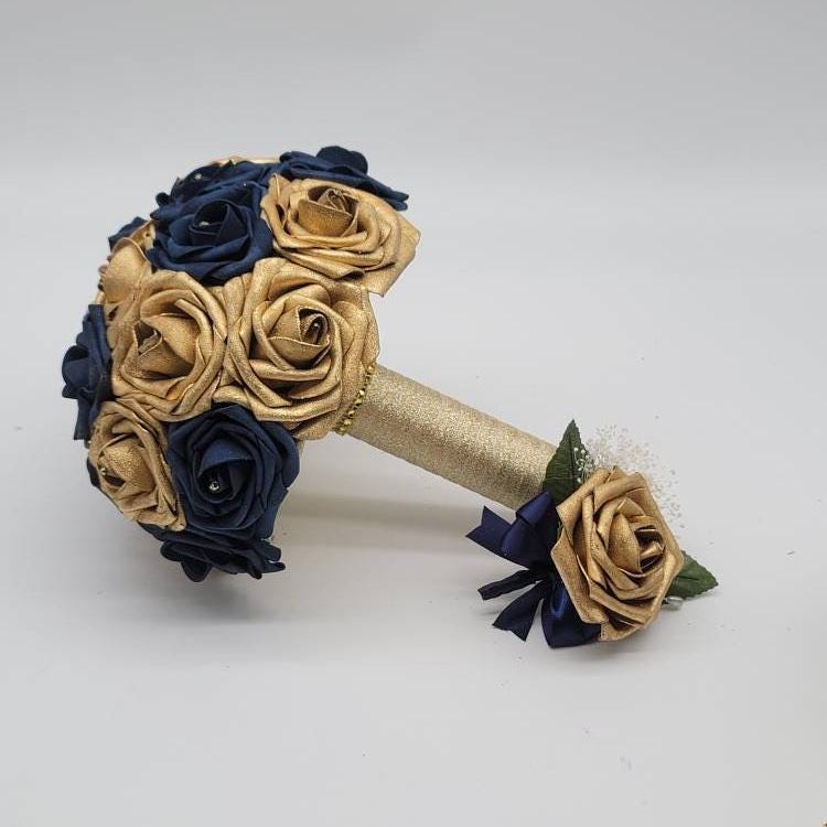 Gold and Navy Wedding Bouquet Made With Real Touch Roses, Bridal Bouquet, Bridesmaid Bouquet and Matching Boutonniere and Corsages Available