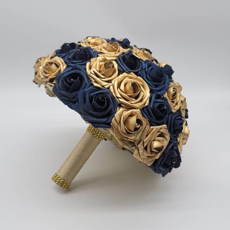 Gold and Navy Wedding Bouquet Made With Real Touch Roses, Bridal Bouquet, Bridesmaid Bouquet and Matching Boutonniere and Corsages Available