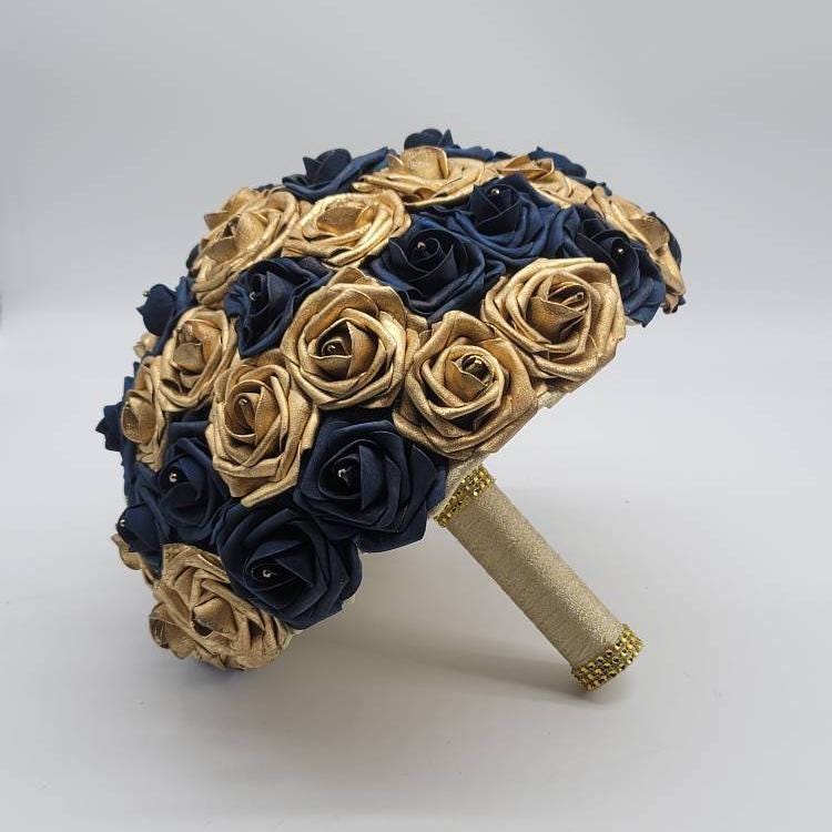 Gold and Navy Wedding Bouquet Made With Real Touch Roses, Bridal Bouquet, Bridesmaid Bouquet and Matching Boutonniere and Corsages Available