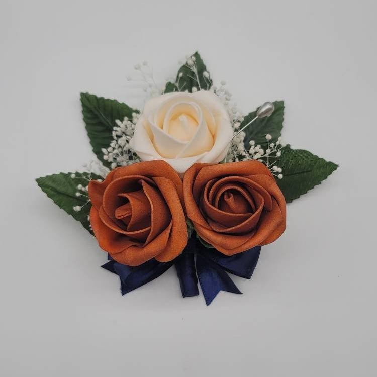 Burnt Orange, Navy, & Cream Wedding Bouquet Made w/ Real Touch Roses, Bridal Bouquet, Bridesmaid Bouquet/ Matching Boutonniere and Corsages
