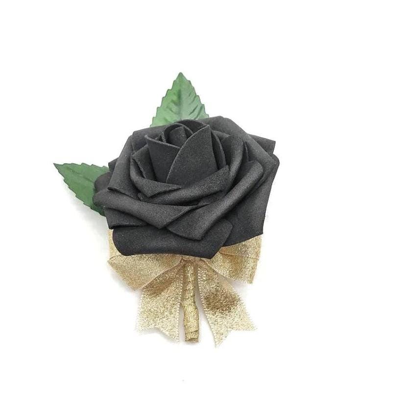 Black and Gold Wedding Bouquet Made With Real Touch Roses, Bridal Bouquet, Bridesmaid Bouquet and Matching Boutonnieres and Corsages