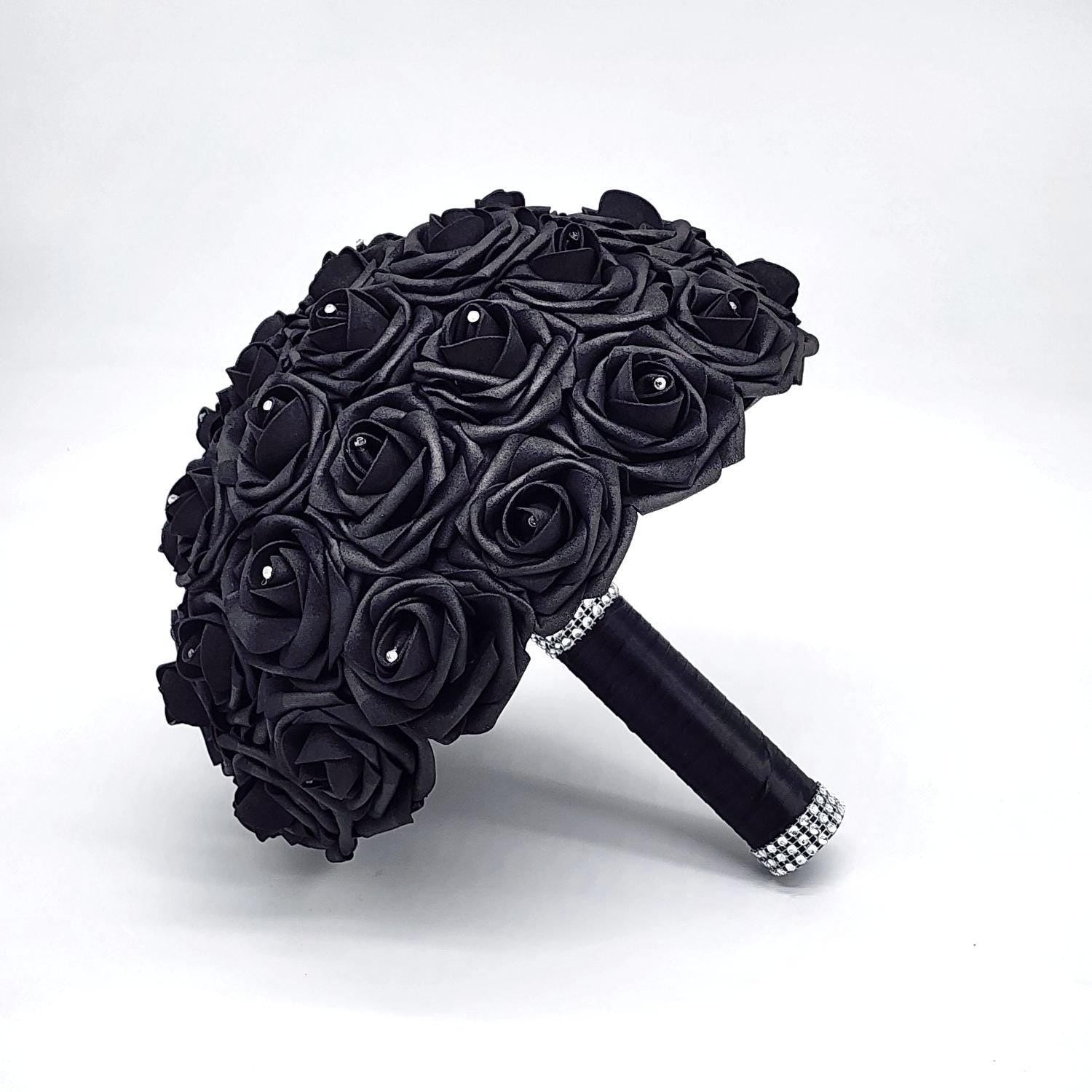 Black Real Touch rose Bouquet with satin black ribbon. Bling wrap on handle. Rhinestones on every rose.
