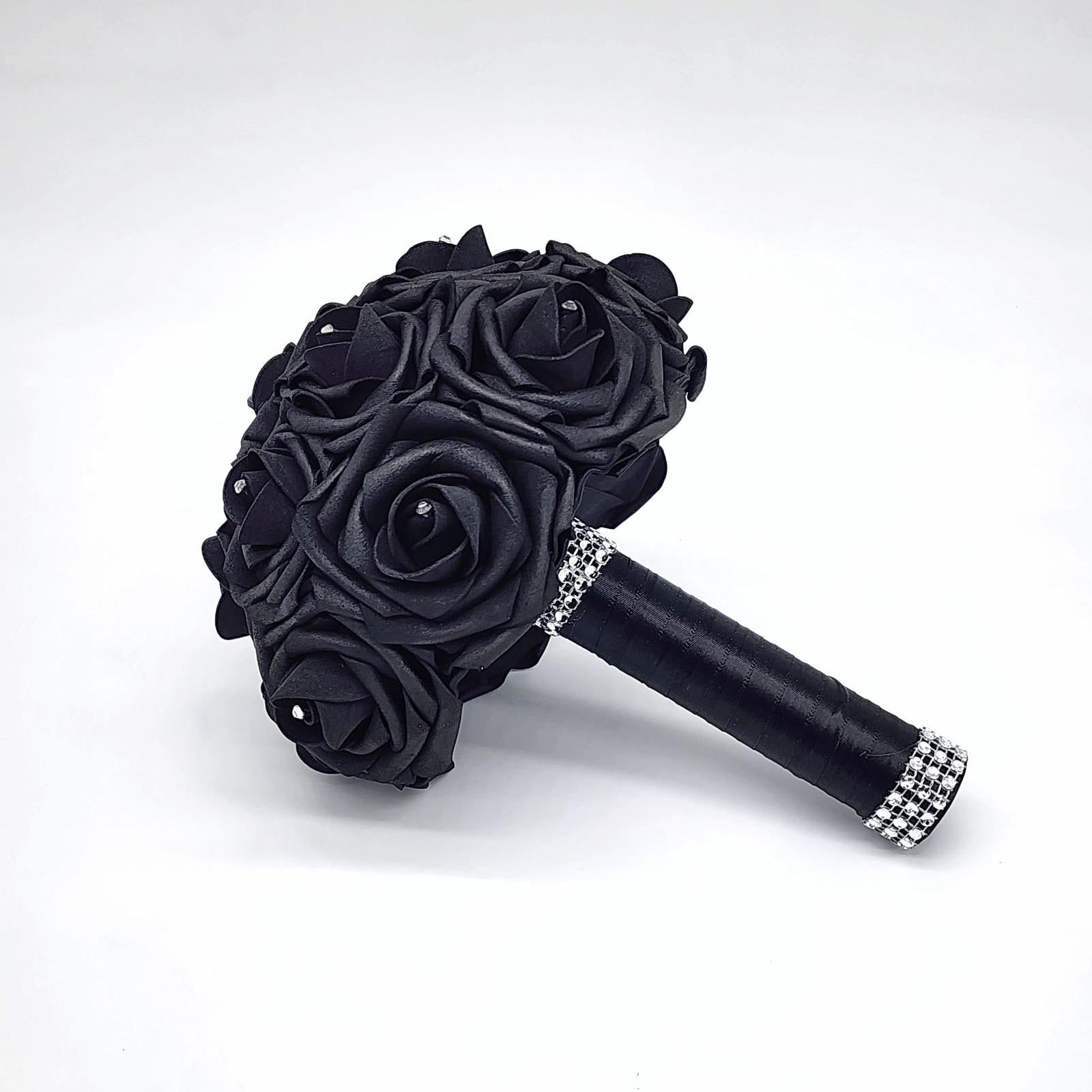 Black rose bouquet with bling wrap handle. rhinestones on every rose