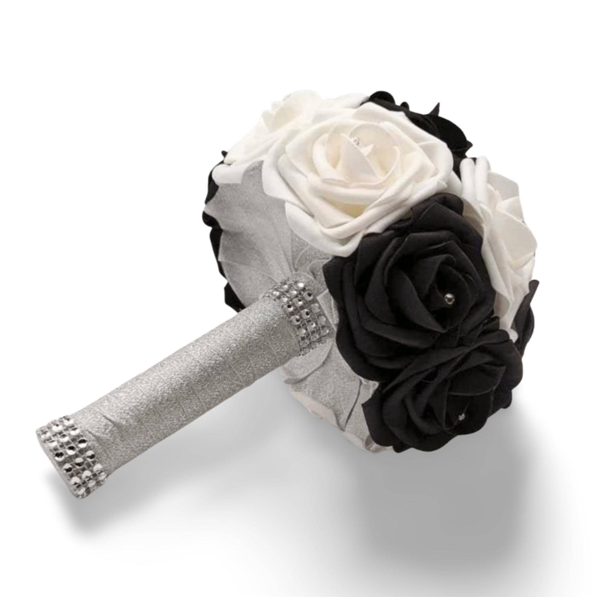 black and white bouquet with silver ribbon and silver bling wrap