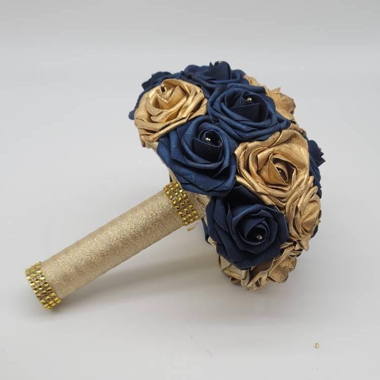 Gold and Navy Wedding Bouquet Made With Real Touch Roses, Bridal Bouquet, Bridesmaid Bouquet and Matching Boutonniere and Corsages Available