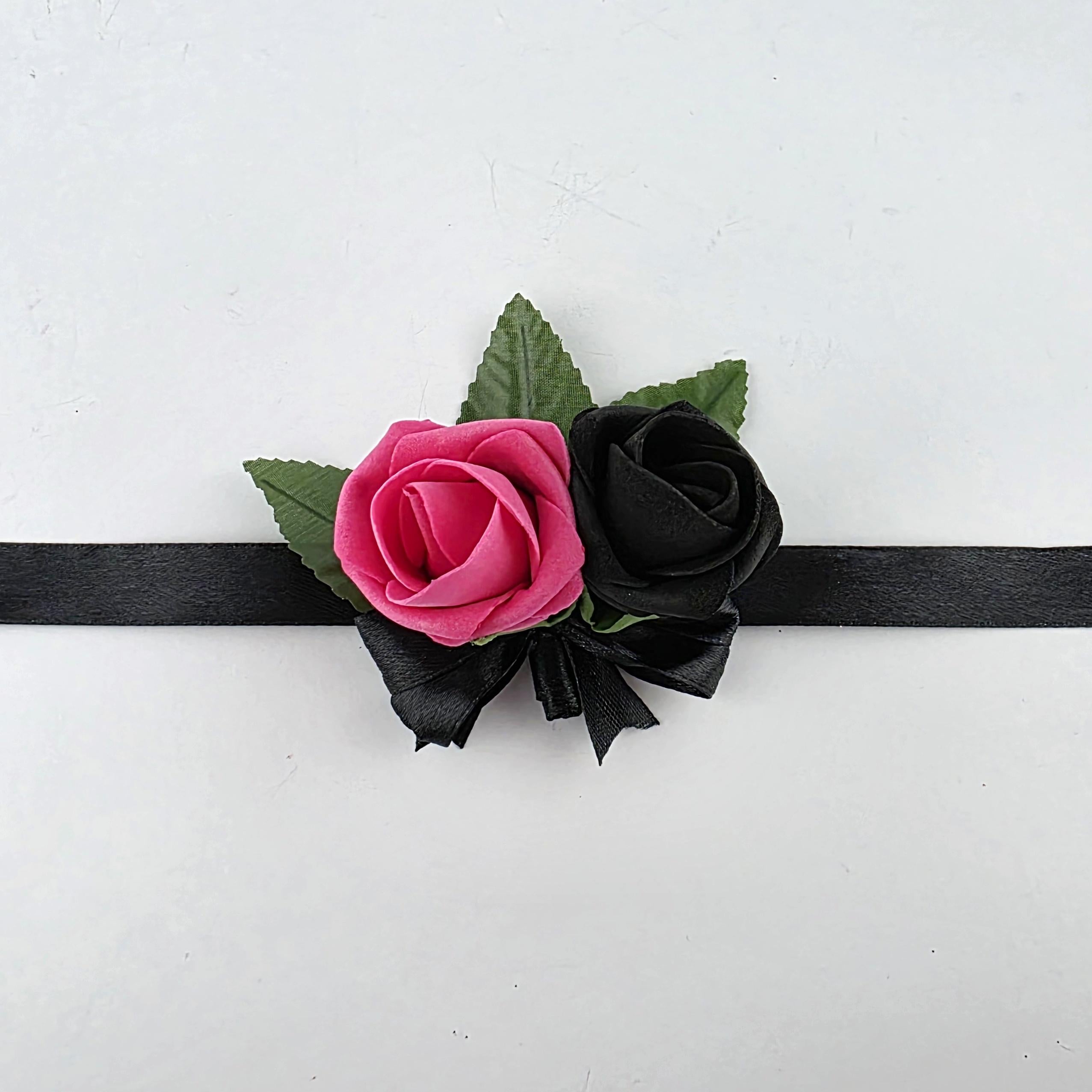 petite wrist corsage in hot pink and black