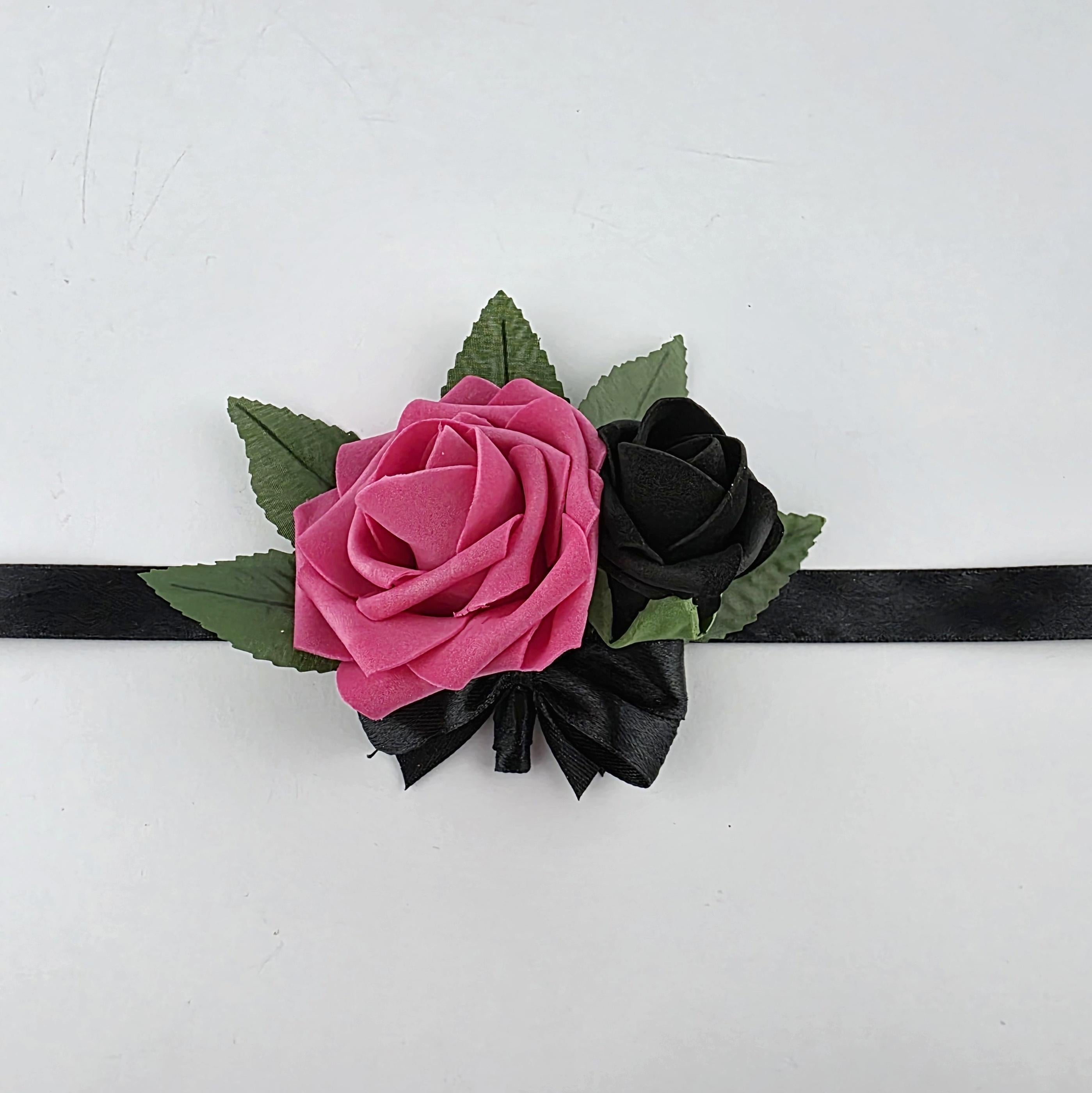 Hot Pink and Black Wedding Bouquet – Real Touch Roses, Modern Glam Bridal, Quinceañera & Prom-Custom Colors-Matching Boutonniere and Corsage