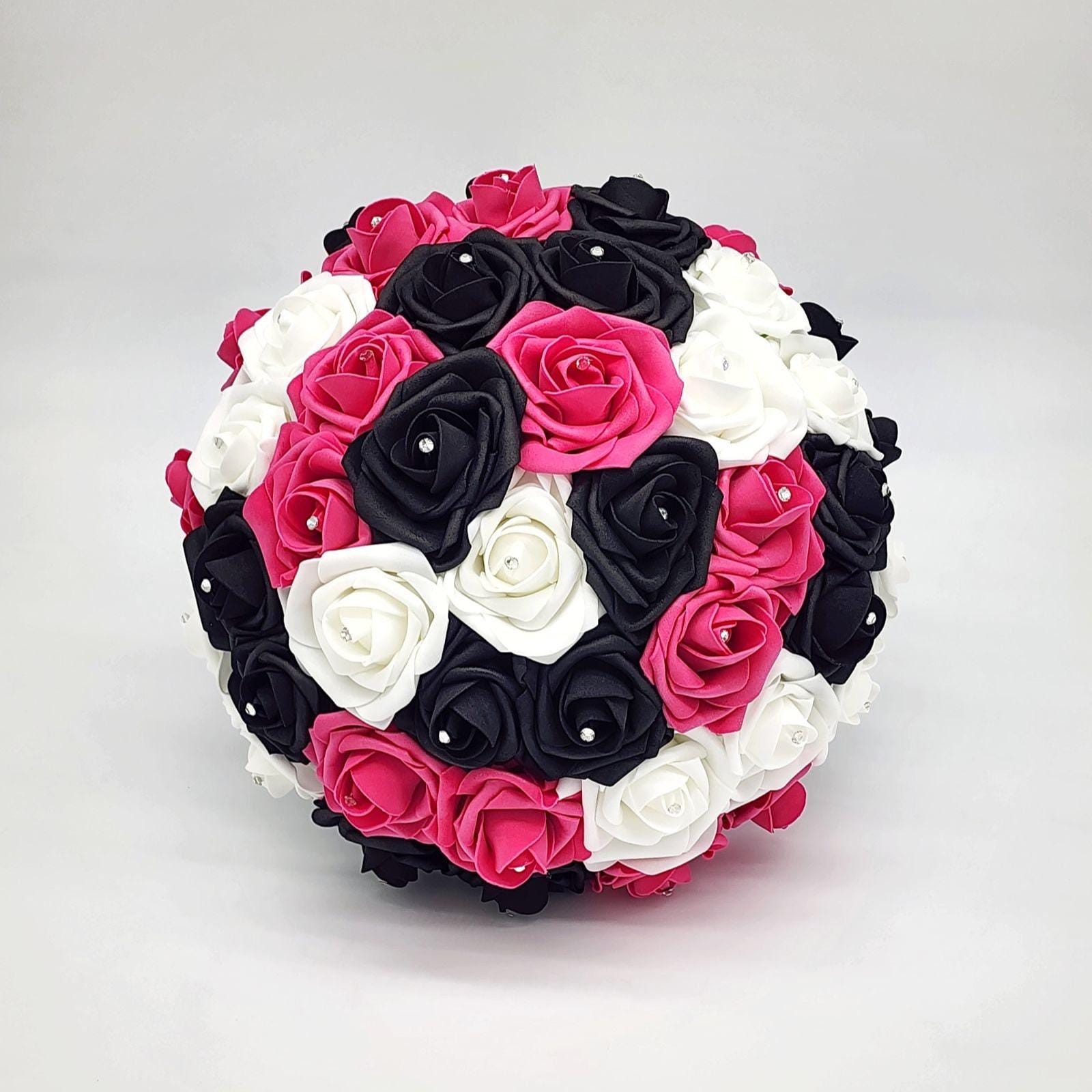 Hot Pink, Black, and White Wedding Bouquet-Modern Glam Bridal-Quinceañera & Prom-Custom Colors-Matching Boutonnieres/Corsages