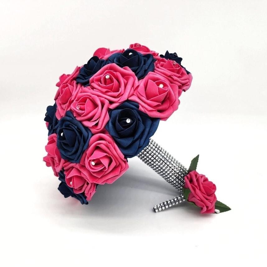 Hot pink bouquet with matching boutonniere