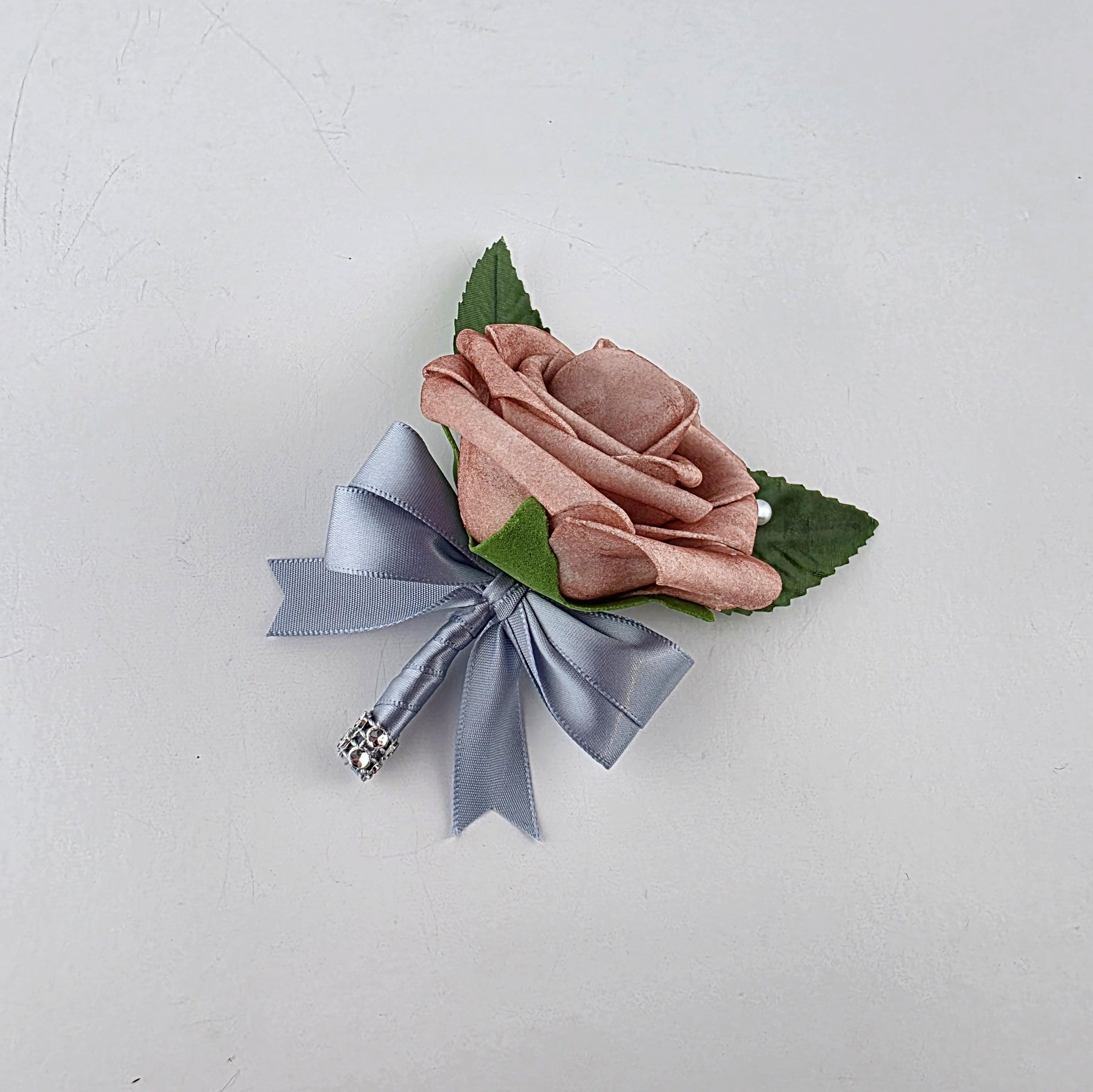Dusty Rose and White Boutonnieres And Corsages with Dusty Blue- Corsages Are Available In Pin On And Wrist-Matching Bouquets Available