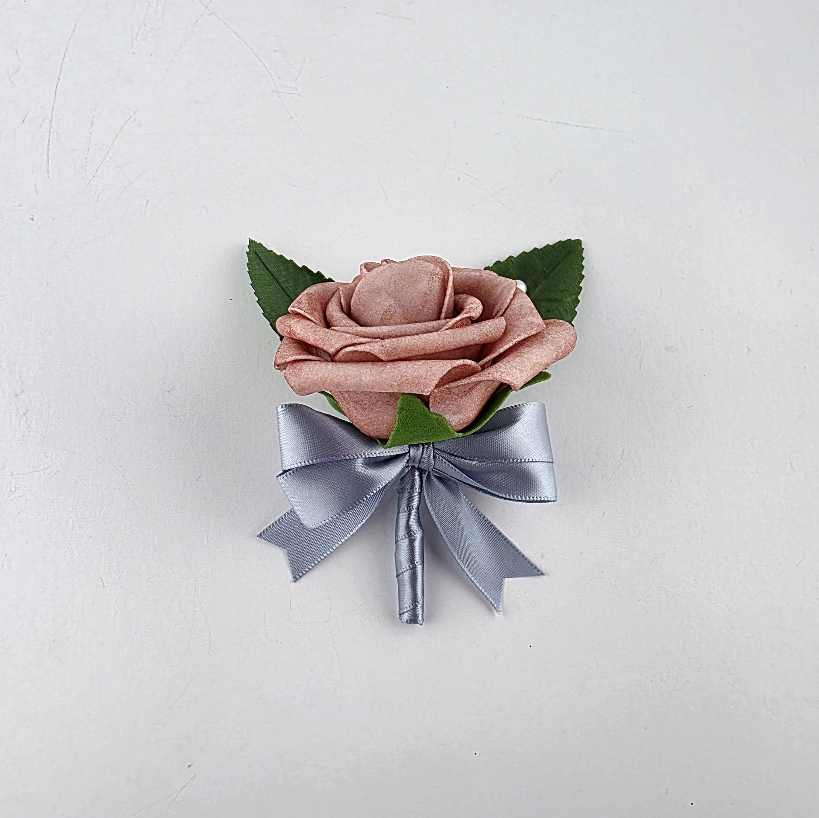 Dusty Rose Boutonniere – Real Touch Rose with Dusty Blue Ribbon