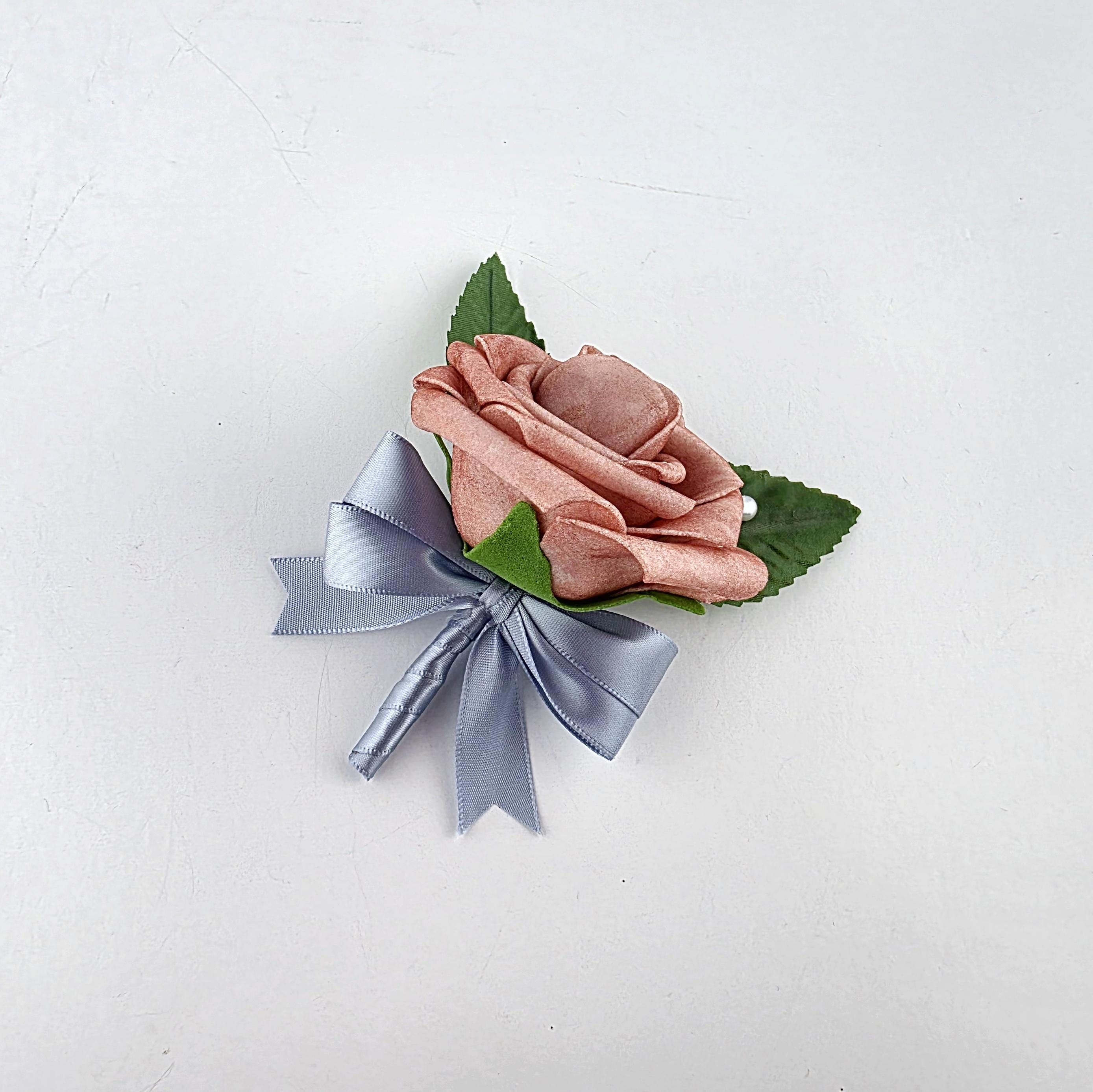 Dusty Rose Boutonniere – Real Touch Rose with Dusty Blue Ribbon