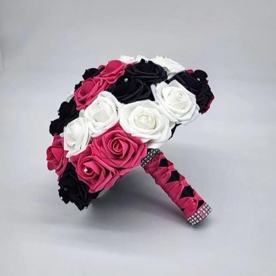 Hot pink, black, and white bouquet