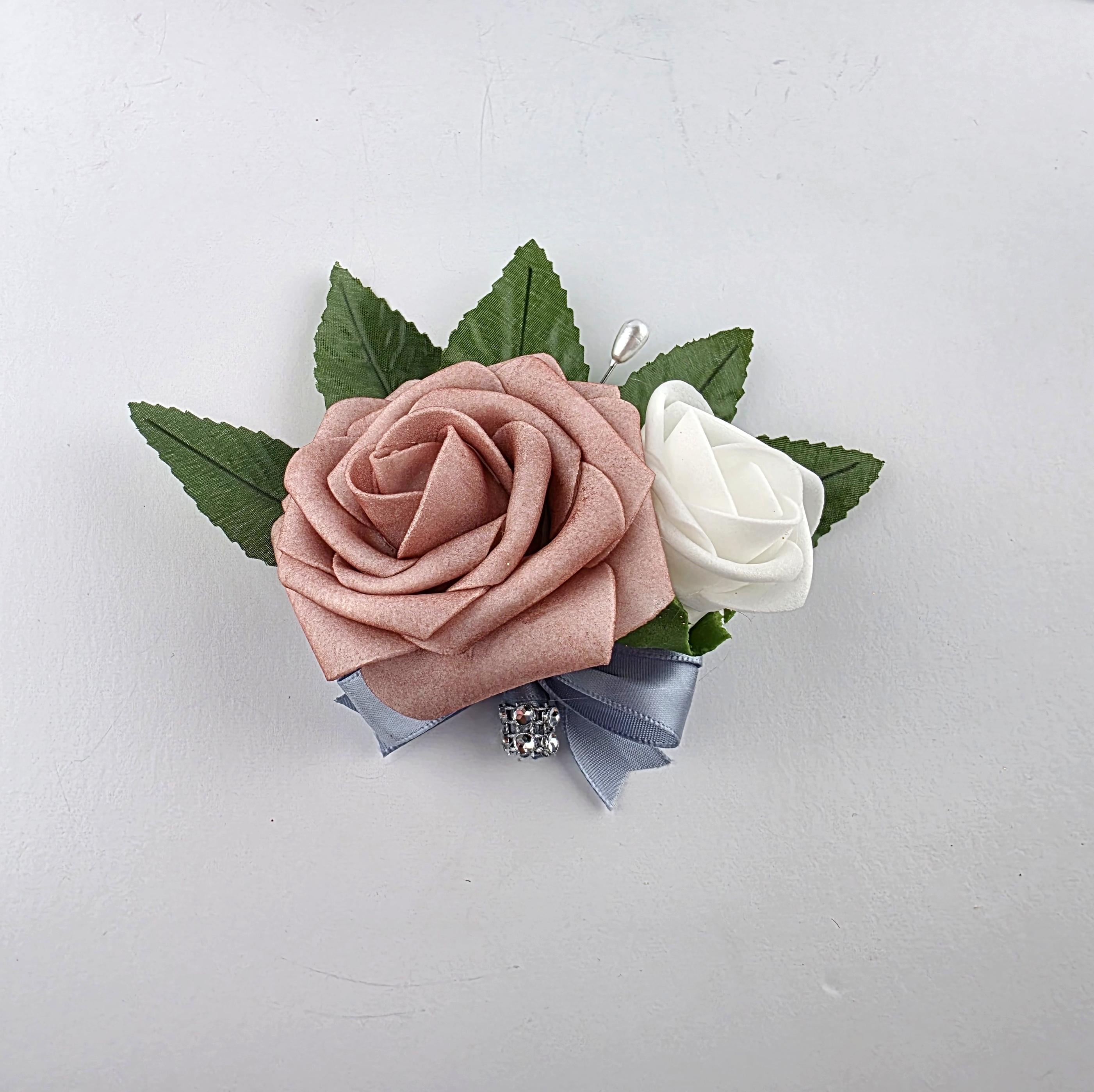 Dusty Rose and White Boutonnieres And Corsages with Dusty Blue- Corsages Are Available In Pin On And Wrist-Matching Bouquets Available