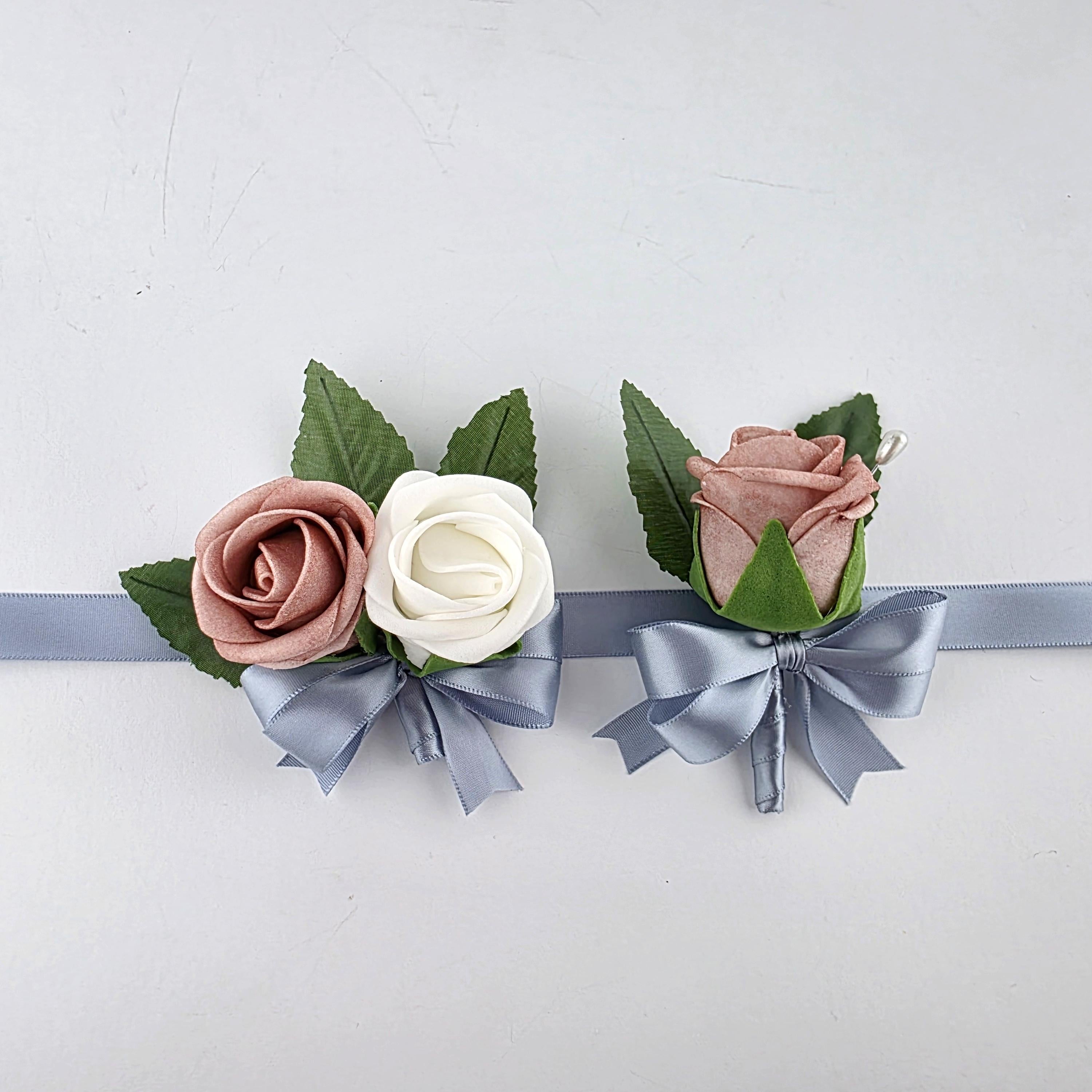 Dusty rose and White kids wrist corsage and boutonniere