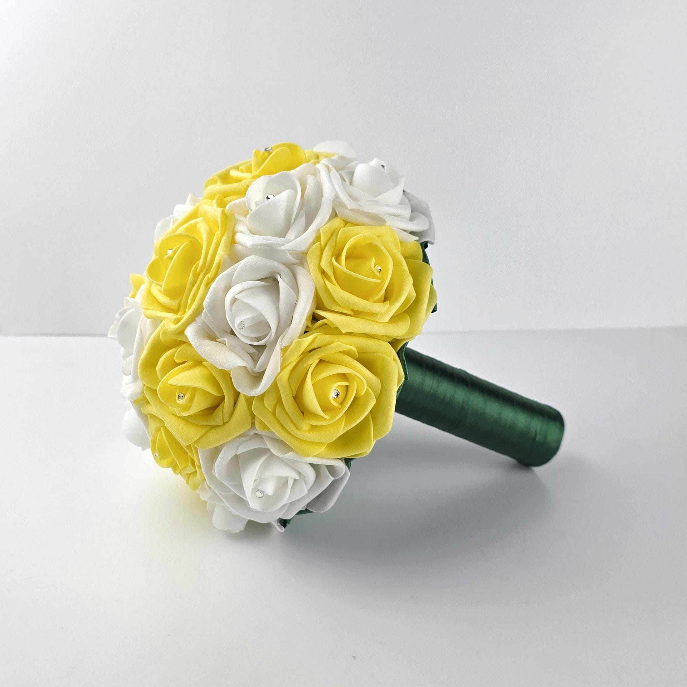 Real Touch Yellow & White Rose Wedding Bouquet: Rhinestone Detail