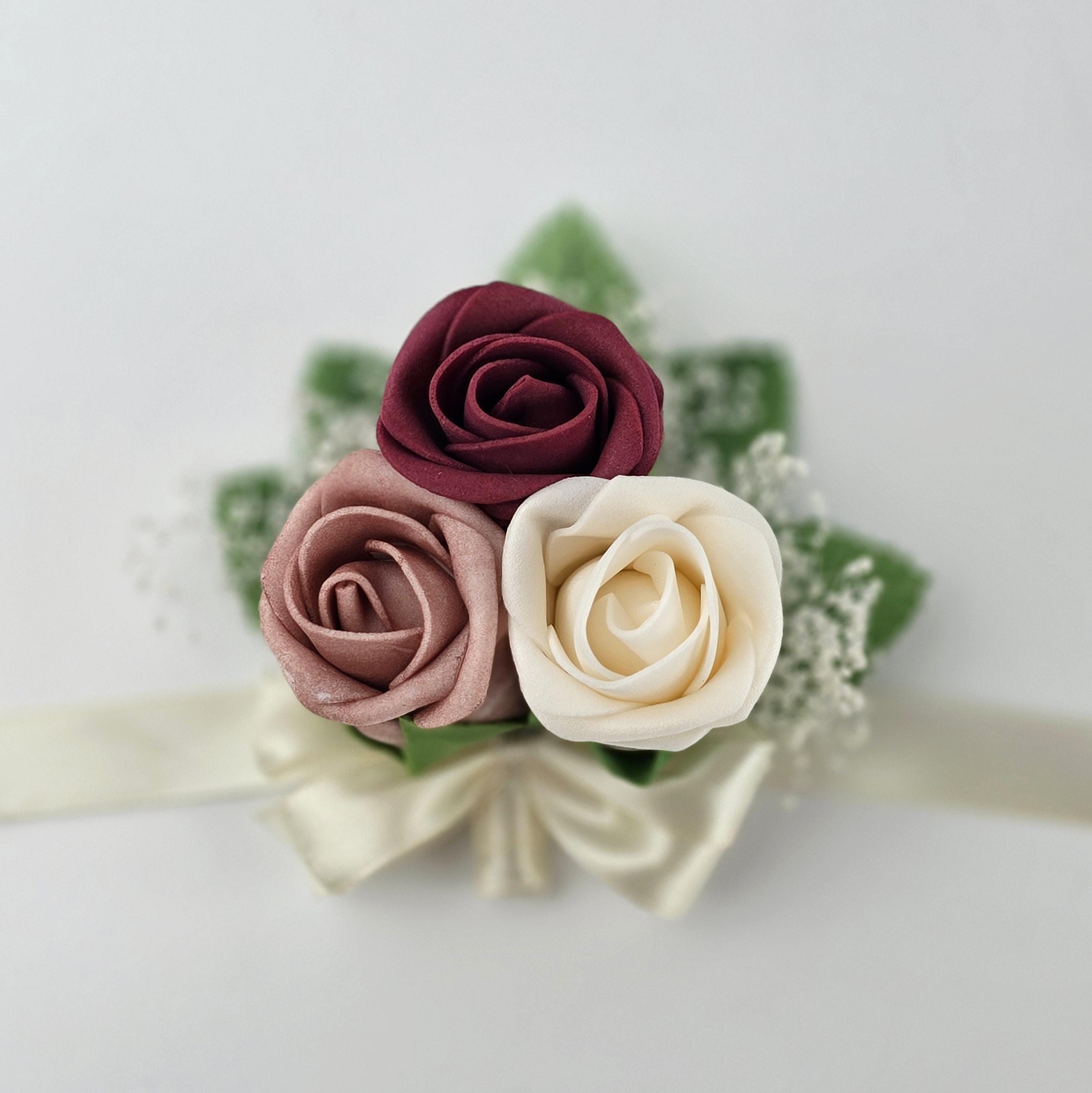 Burgundy and dusty rose Boutonnieres And Corsages, Available In 27 Colors,Corsages Available In Pin On And Wrist Matching Bouquets Available
