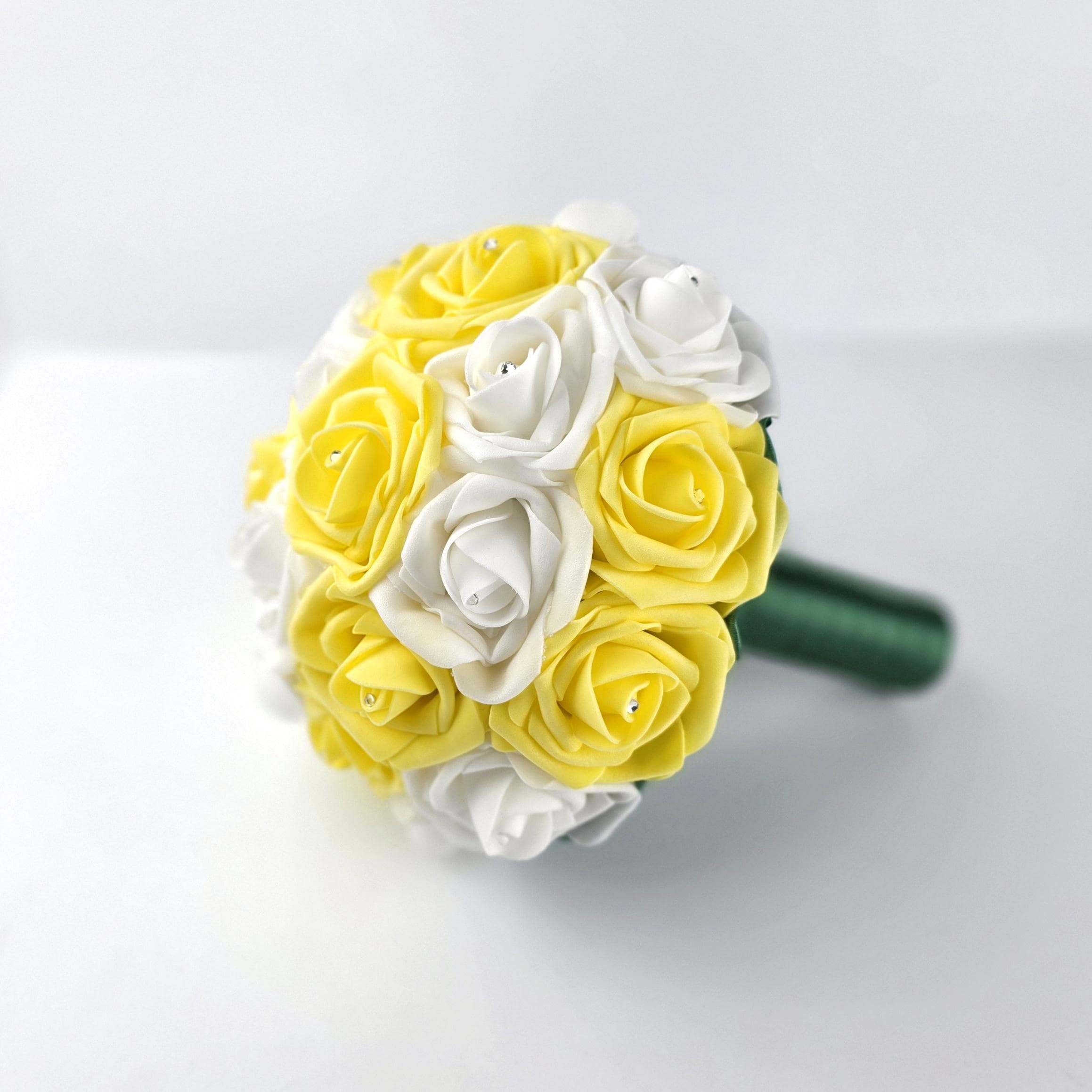 Real Touch Yellow & White Rose Wedding Bouquet: Rhinestone Detail