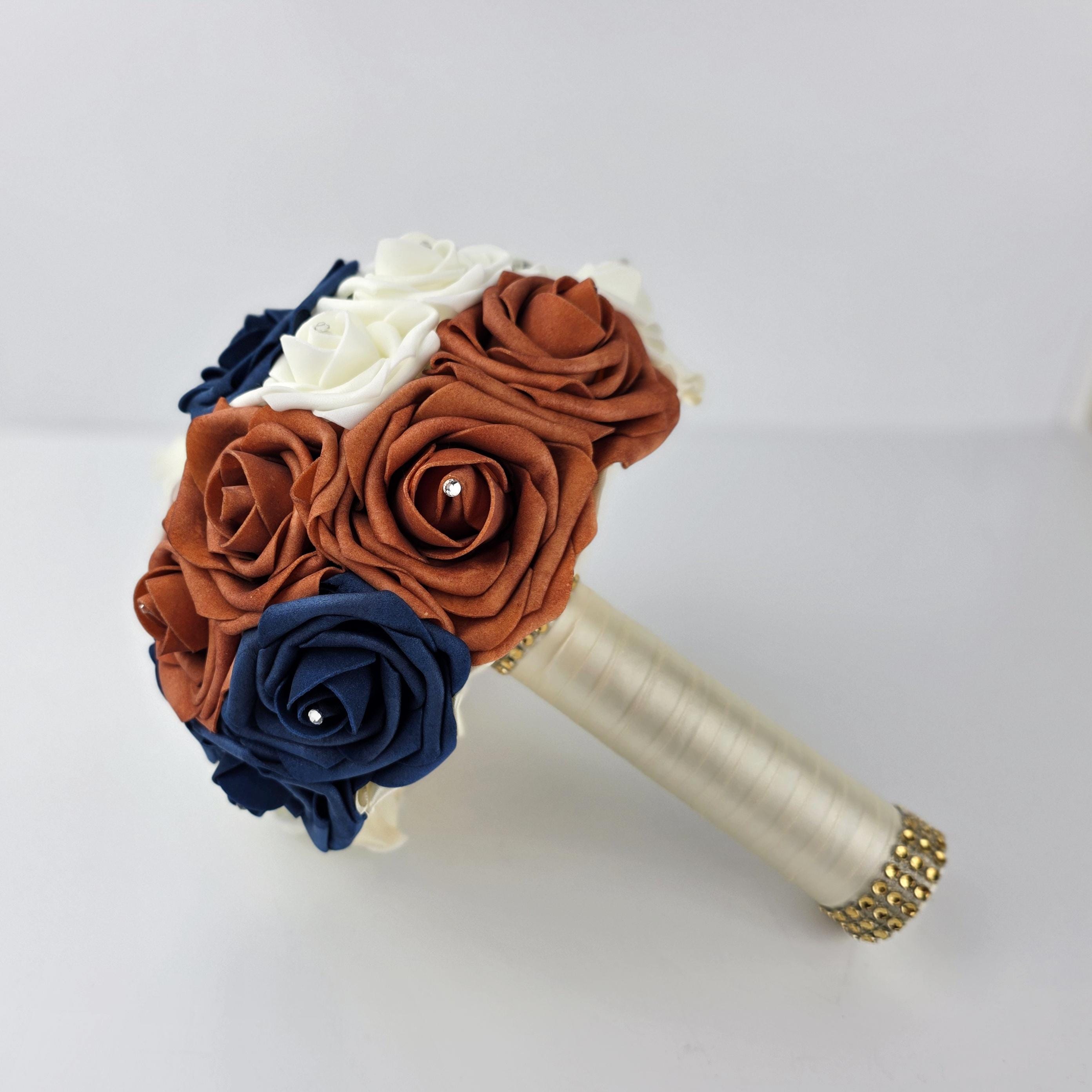 Burnt orange, navy, and ivory bouquet