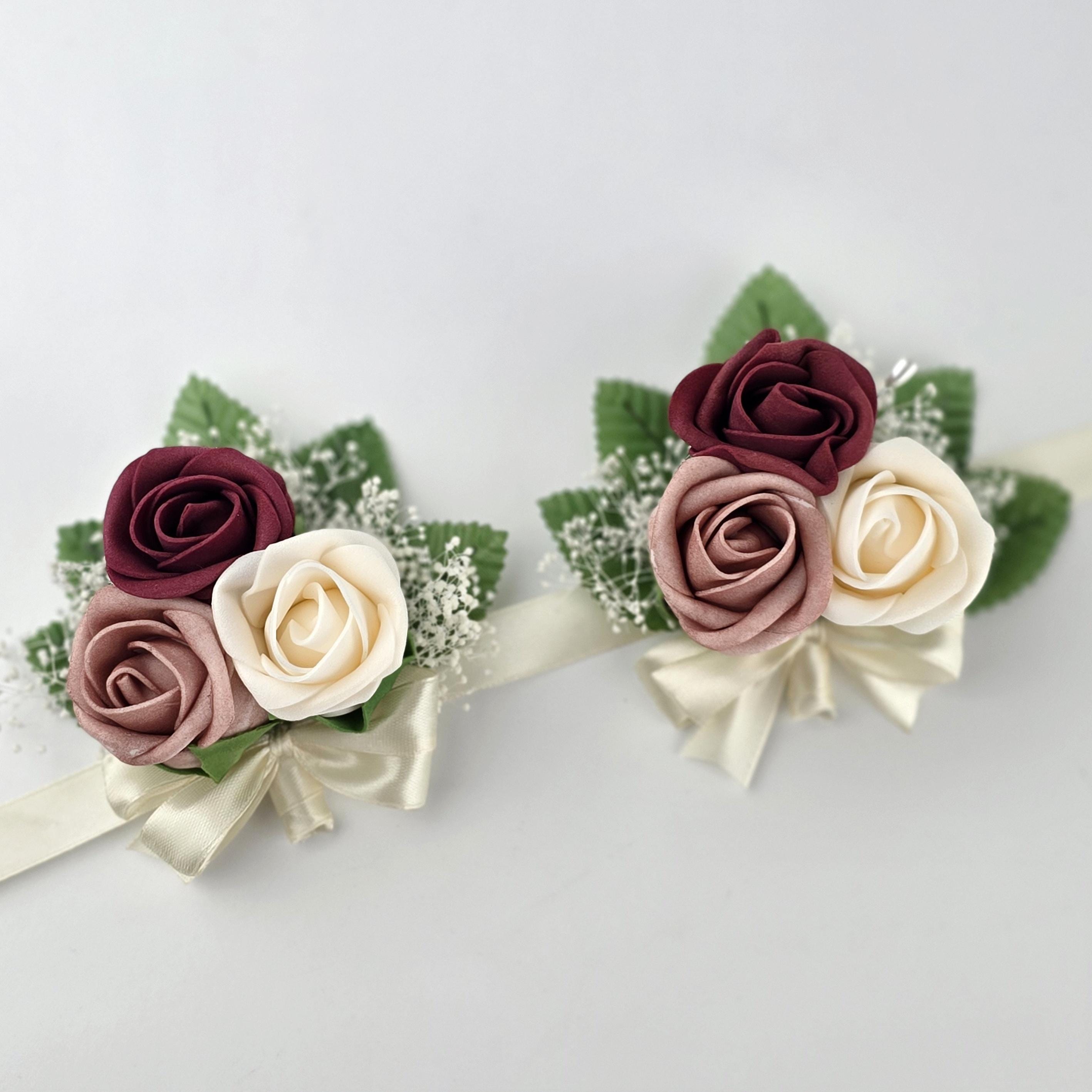 Burgundy and dusty rose Boutonnieres And Corsages, Available In 27 Colors,Corsages Available In Pin On And Wrist Matching Bouquets Available