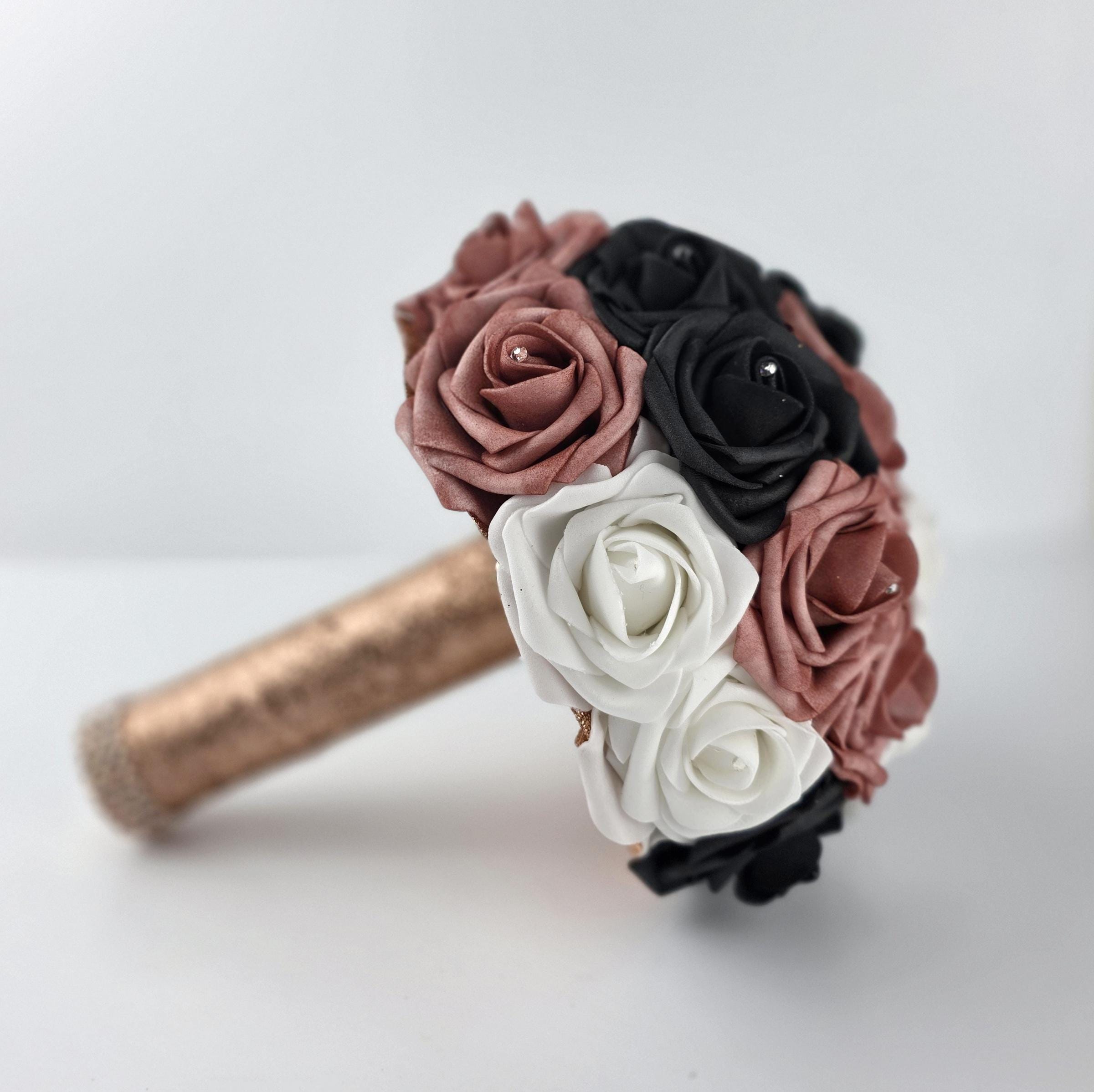 Dusty Rose, Black, And White Wedding Bouquet- Modern Romantic Bridal- Rose Gold Ribbon-Custom Colors-Matching Boutonnieres & Corsages