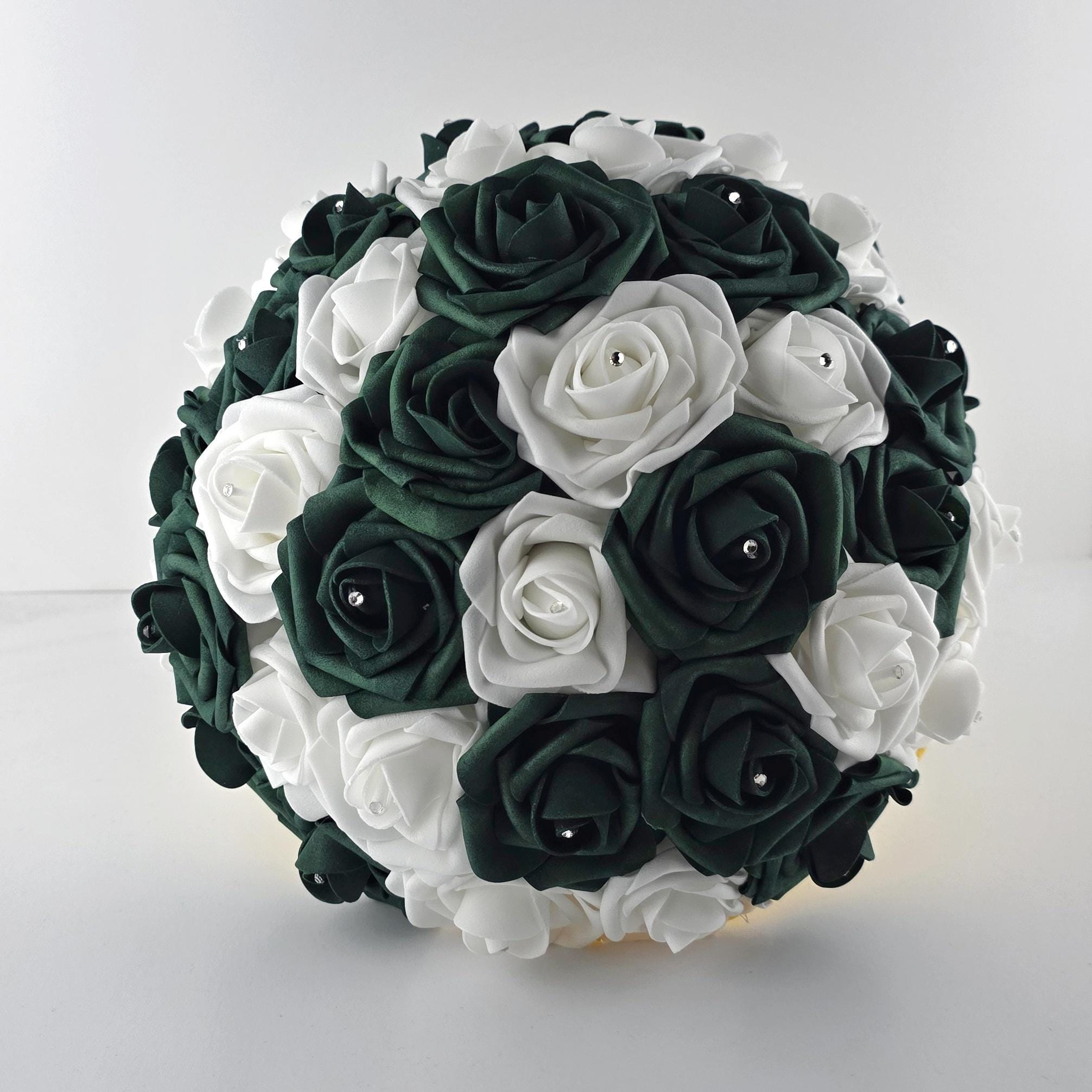 Hunter Green & White Real Touch Rose Wedding Bouquet - Rhinestone Detail