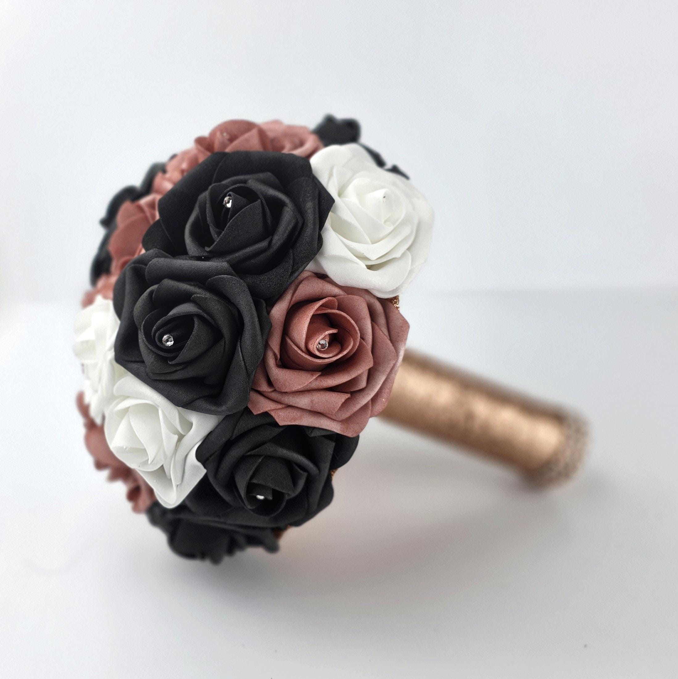 Dusty Rose, Black, And White Wedding Bouquet- Modern Romantic Bridal- Rose Gold Ribbon-Custom Colors-Matching Boutonnieres & Corsages