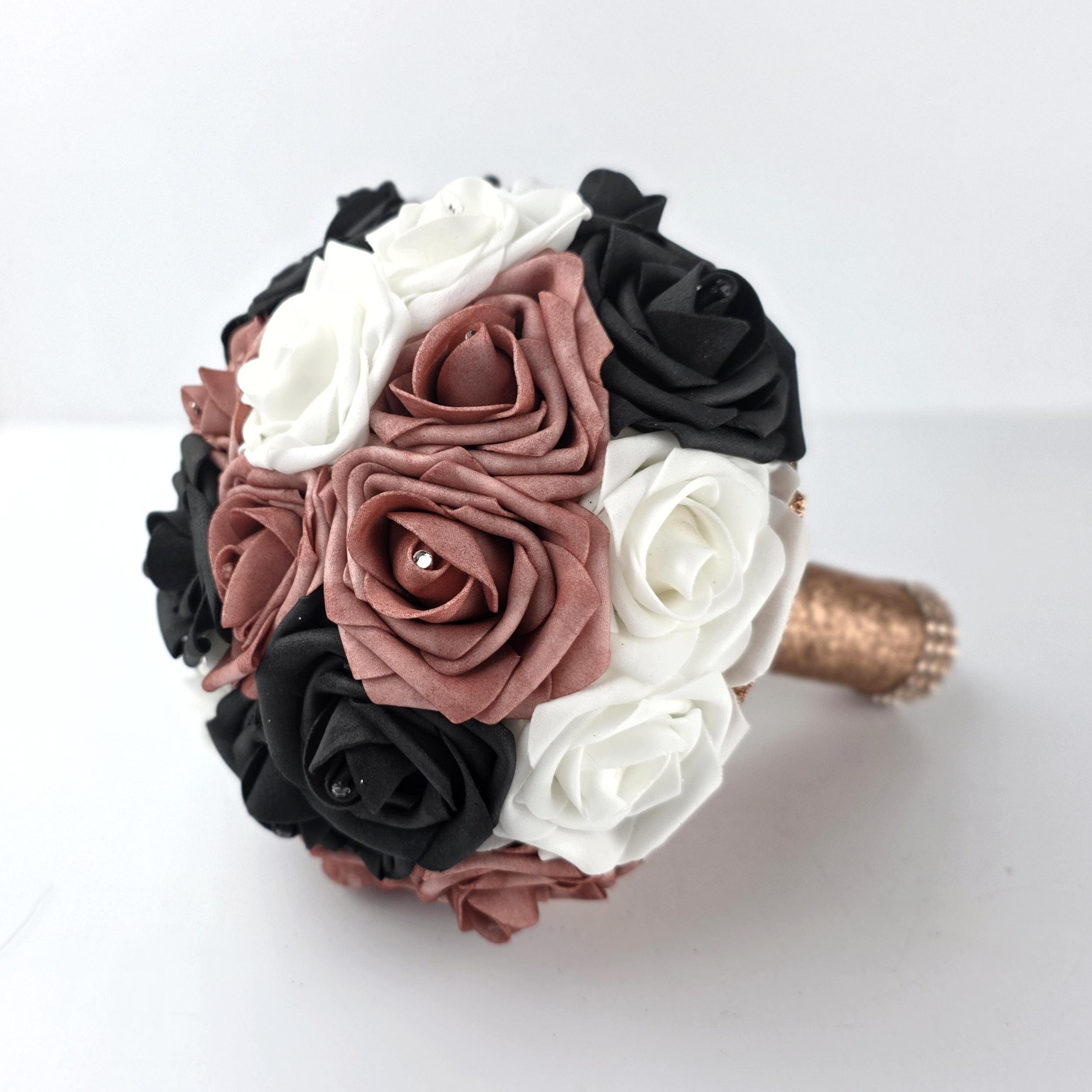 Dusty Rose, Black, And White Wedding Bouquet- Modern Romantic Bridal- Rose Gold Ribbon-Custom Colors-Matching Boutonnieres & Corsages