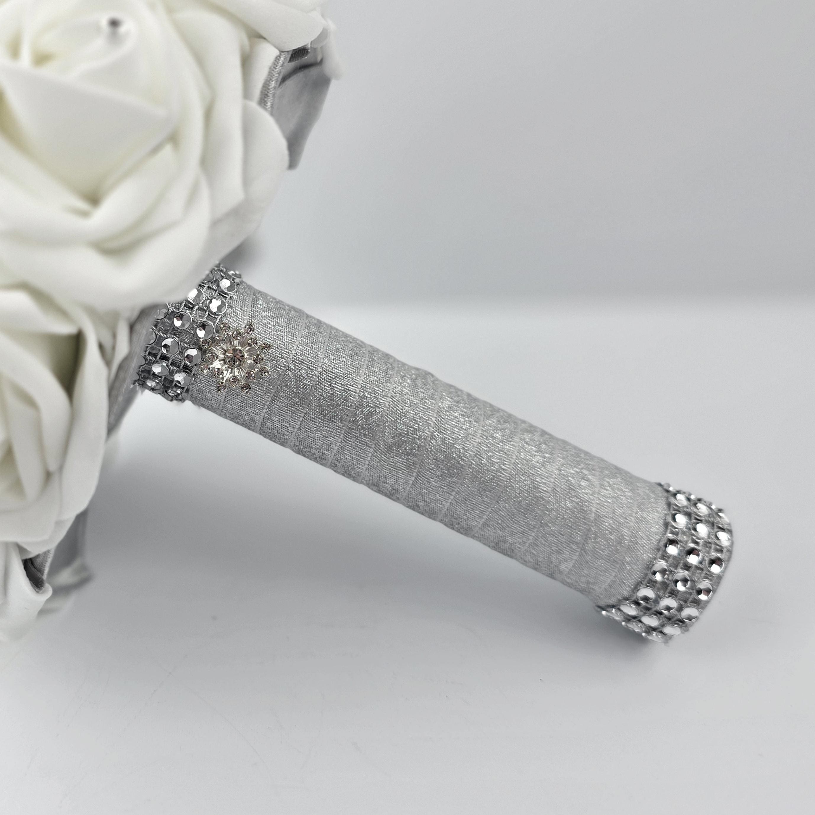White Snowflake Bridal Bouquet- Matching Boutonnieres and Corsages Winter Wedding, Silver Brooch Christmas Flowers