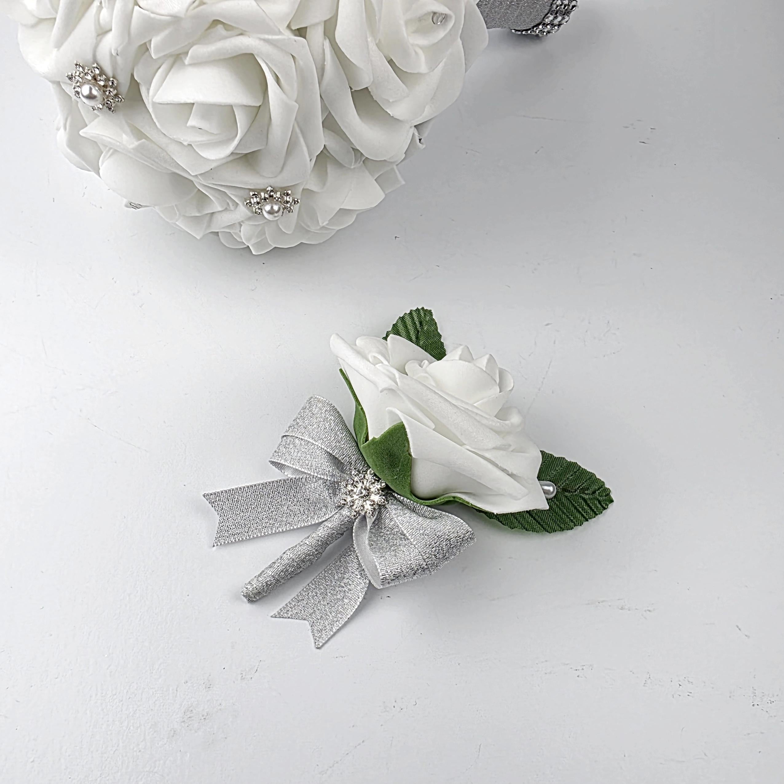 White Snowflake Bridal Bouquet- Matching Boutonnieres and Corsages Winter Wedding, Silver Brooch Christmas Flowers