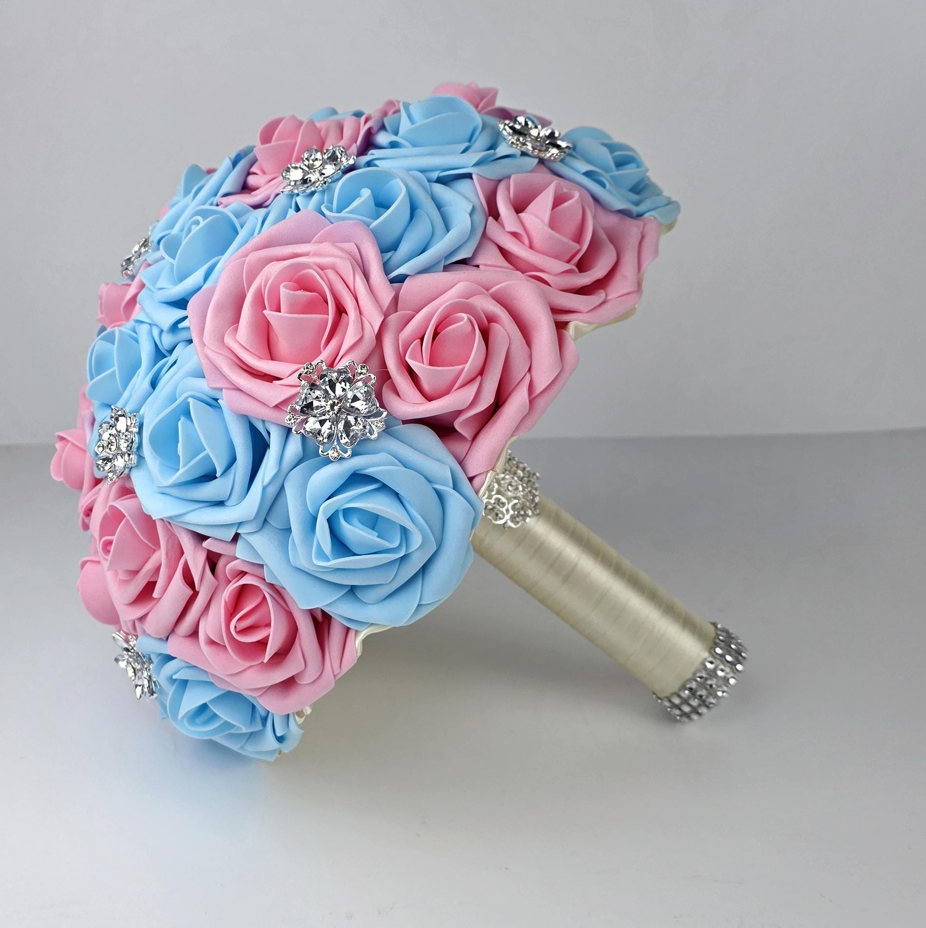 Pink and Blue Brooch Wedding Bouquet, Real Touch Roses, Quinceaneras, Pastel Spring Wedding Flowers, Keepsake