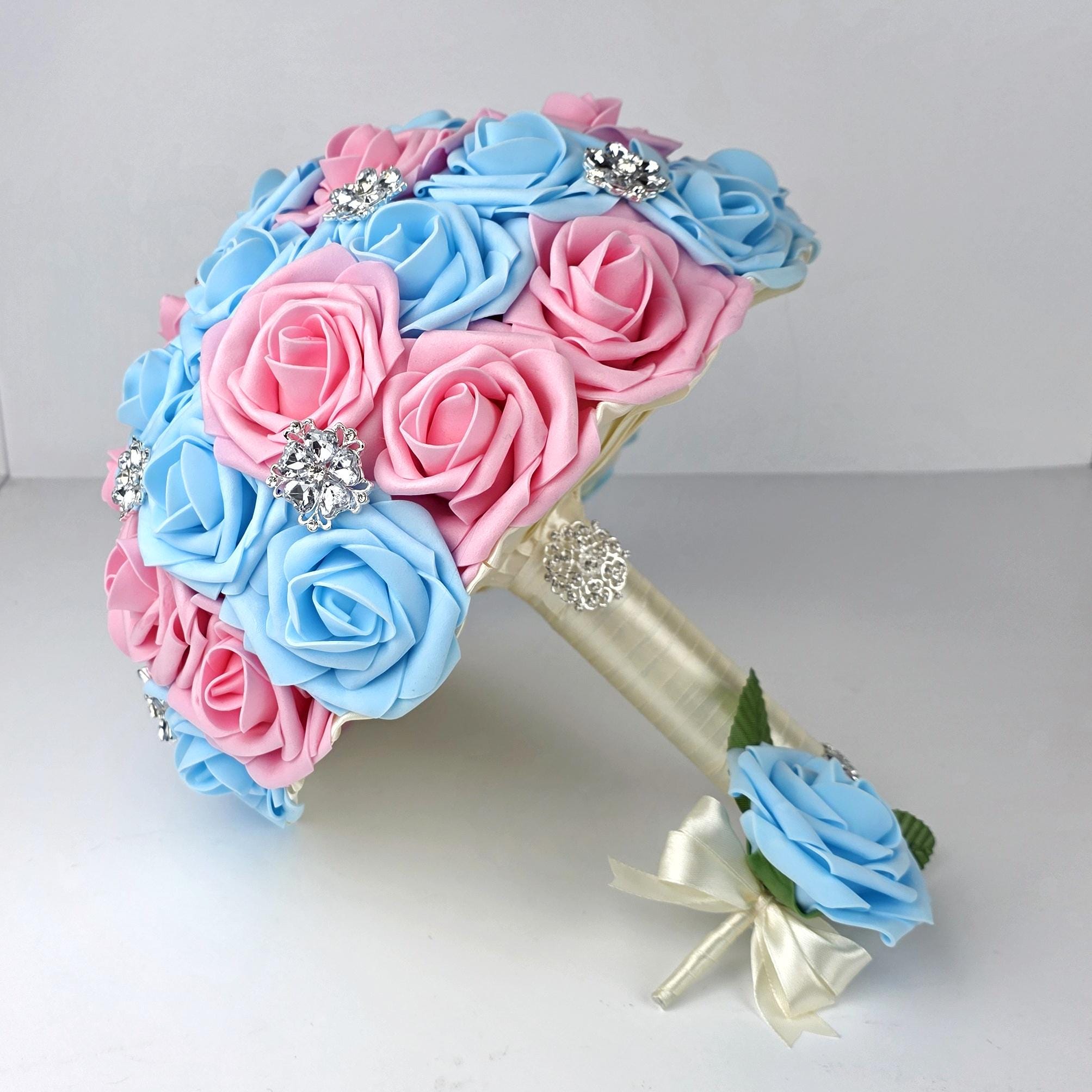 Pink and Blue Brooch Wedding Bouquet, Real Touch Roses, Quinceaneras, Pastel Spring Wedding Flowers, Keepsake