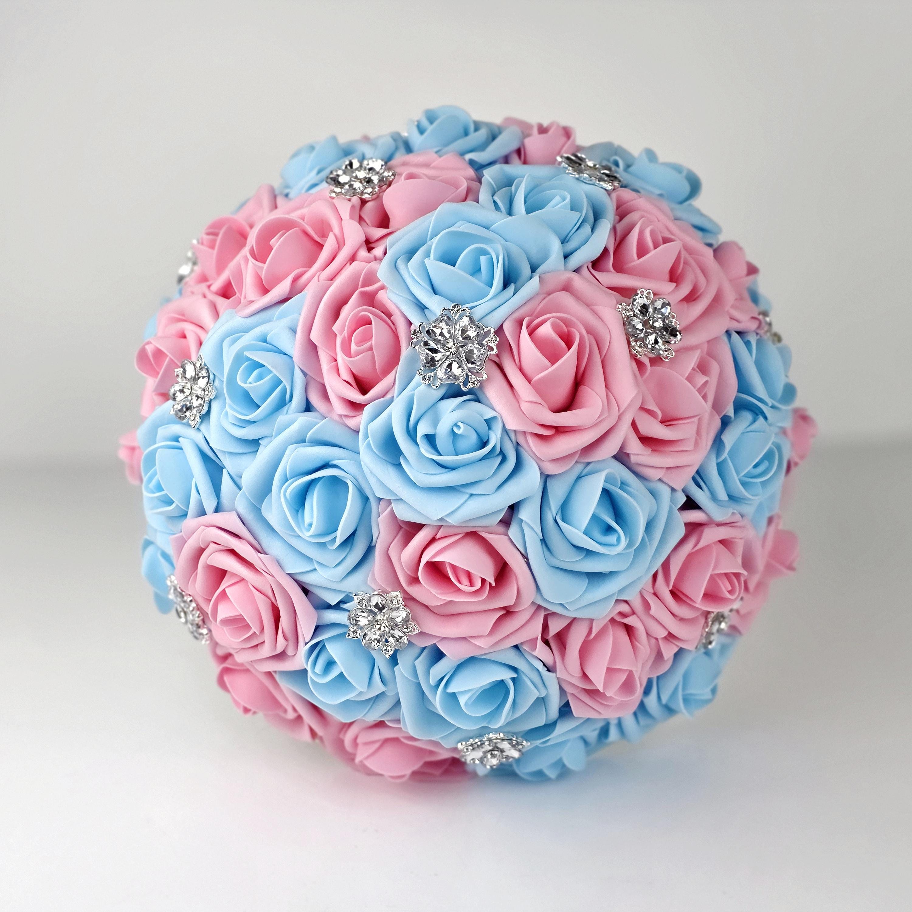 Pink and Blue Brooch Wedding Bouquet, Real Touch Roses, Quinceaneras, Pastel Spring Wedding Flowers, Keepsake