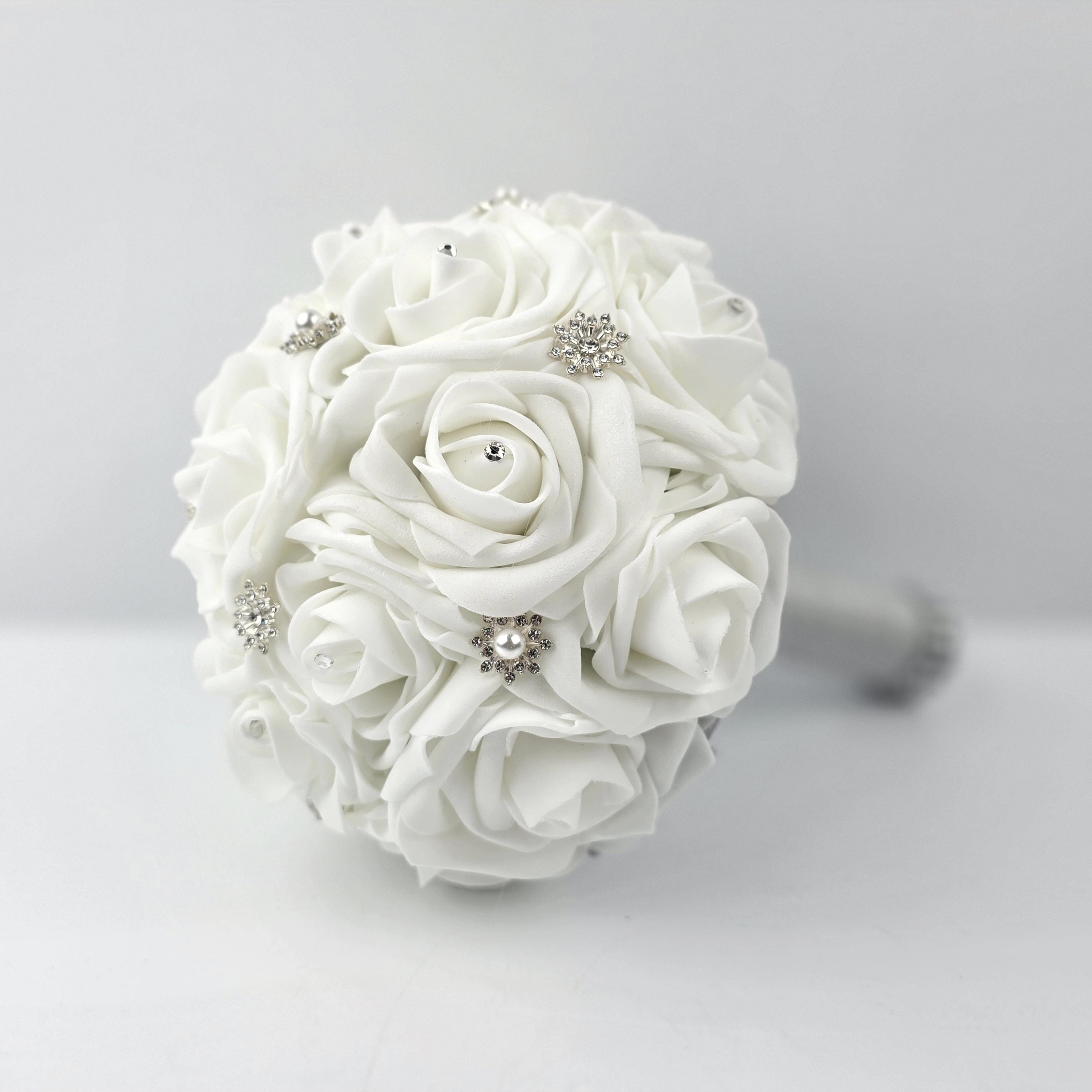 White Snowflake Bridal Bouquet- Matching Boutonnieres and Corsages Winter Wedding, Silver Brooch Christmas Flowers