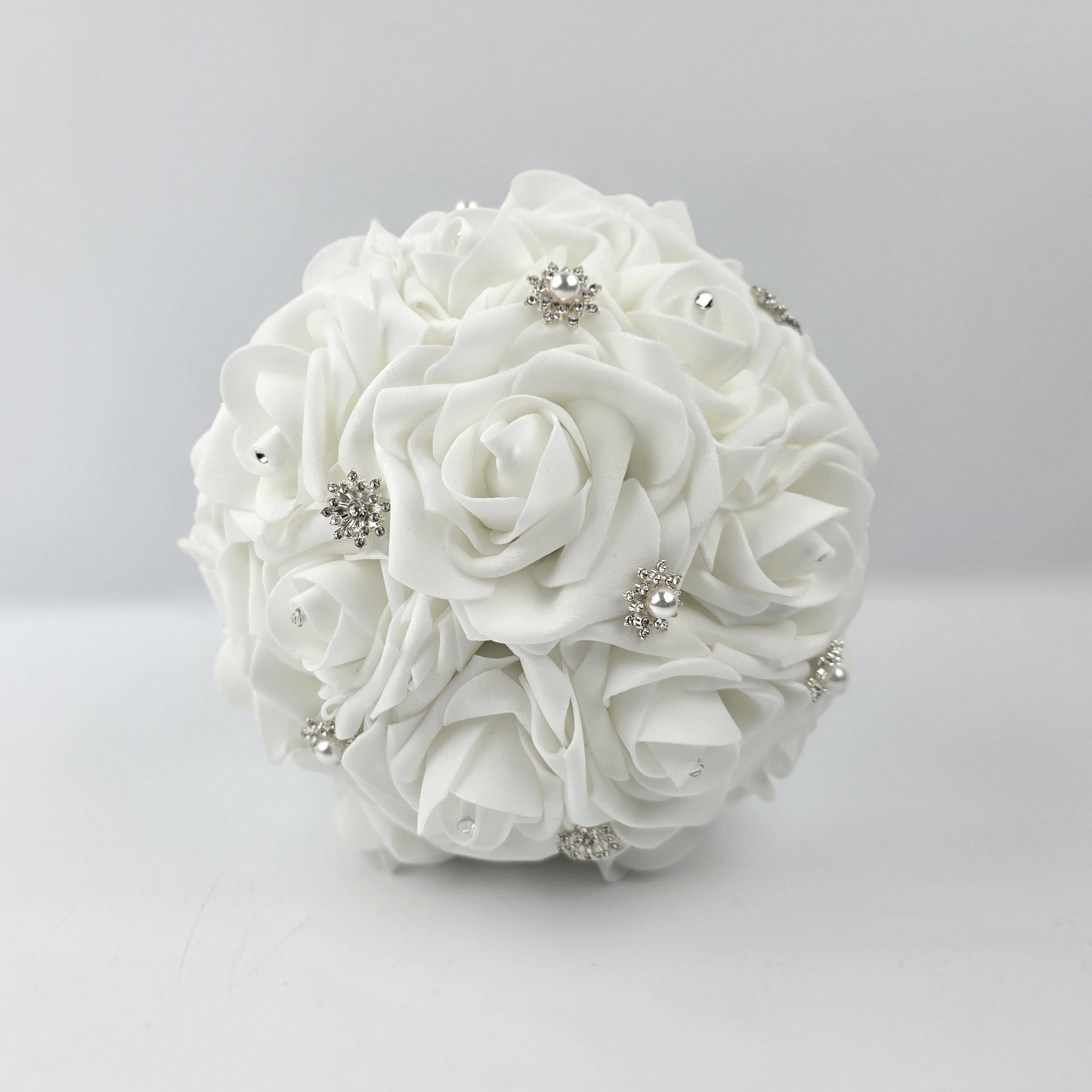 White Snowflake Bridal Bouquet- Matching Boutonnieres and Corsages Winter Wedding, Silver Brooch Christmas Flowers