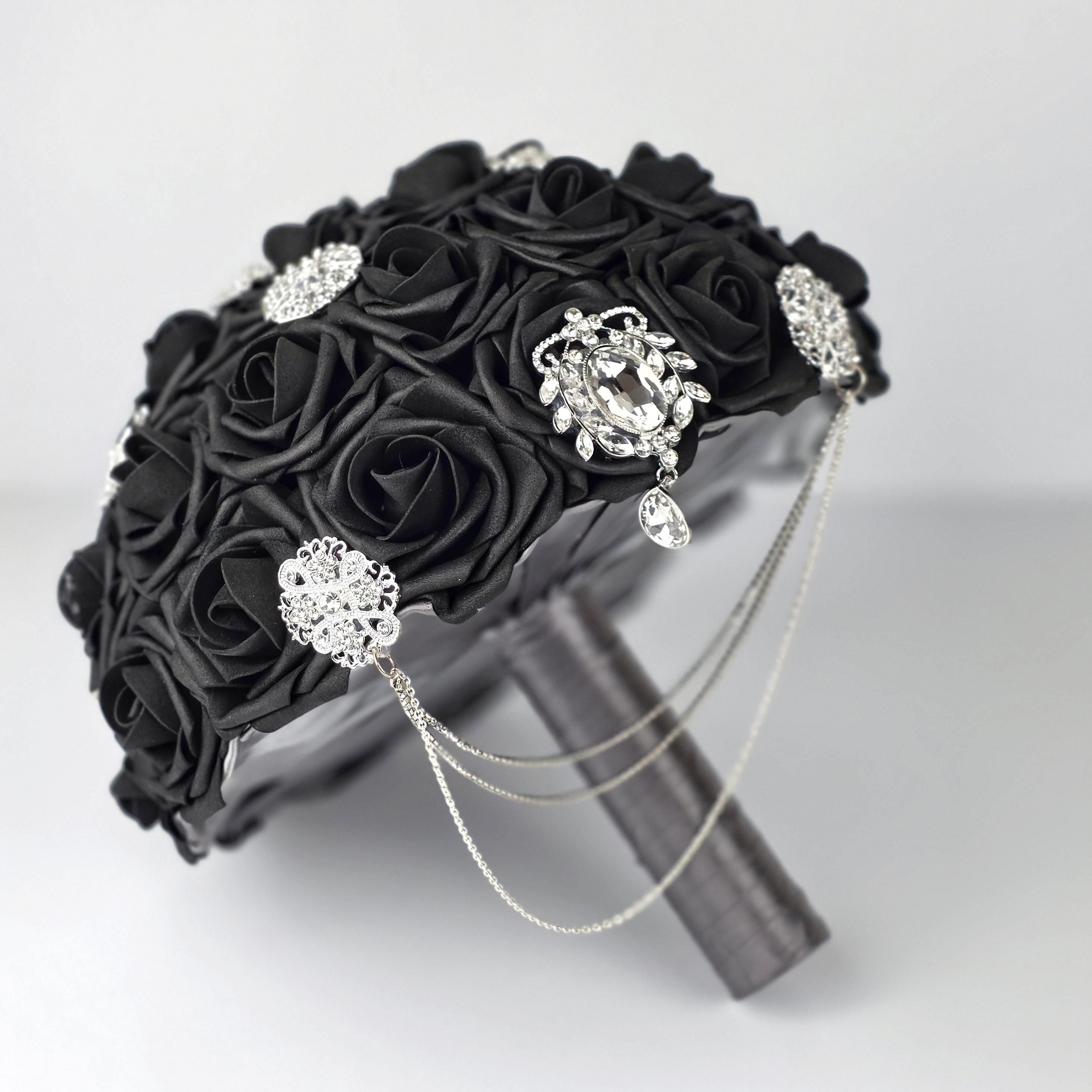 Cascading Black and Gray Brooch Bouquet with chain. Available in 27 colors, matching Boutonnieres and Corsages Available, Jeweled Bouquet
